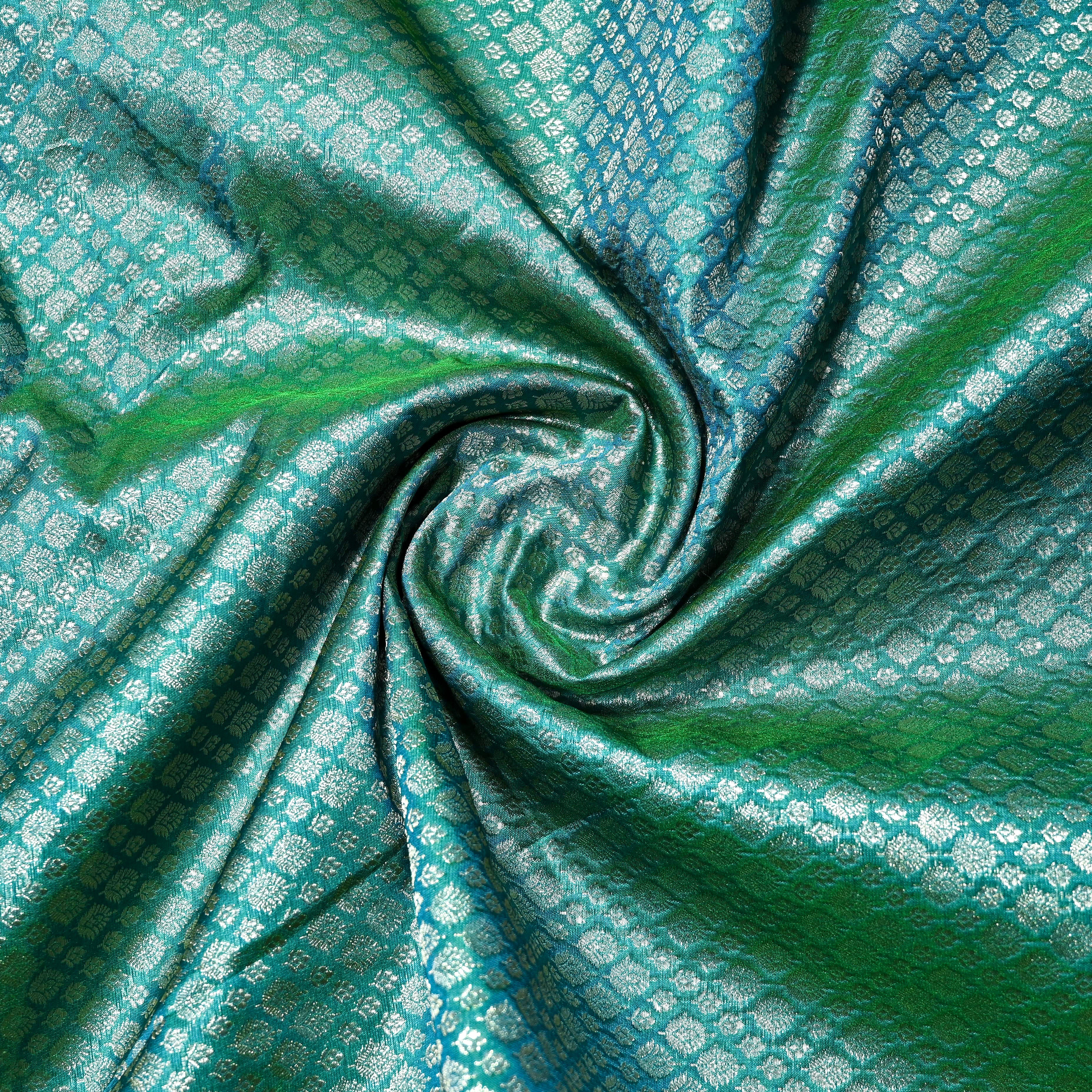 Teal Blue Jamawar Silk Fabric With Gold Zari Work