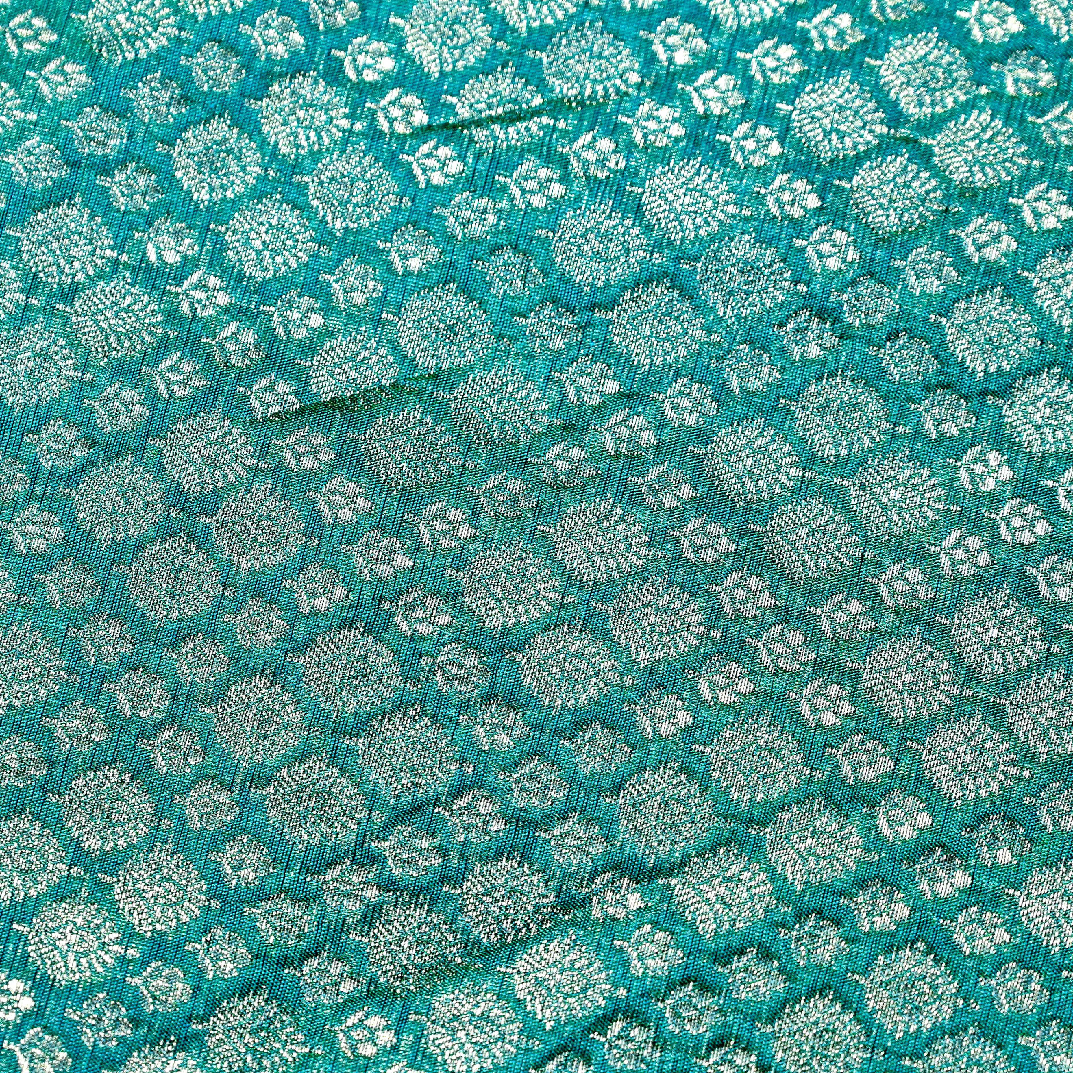 Teal Blue Jamawar Silk Fabric With Gold Zari Work