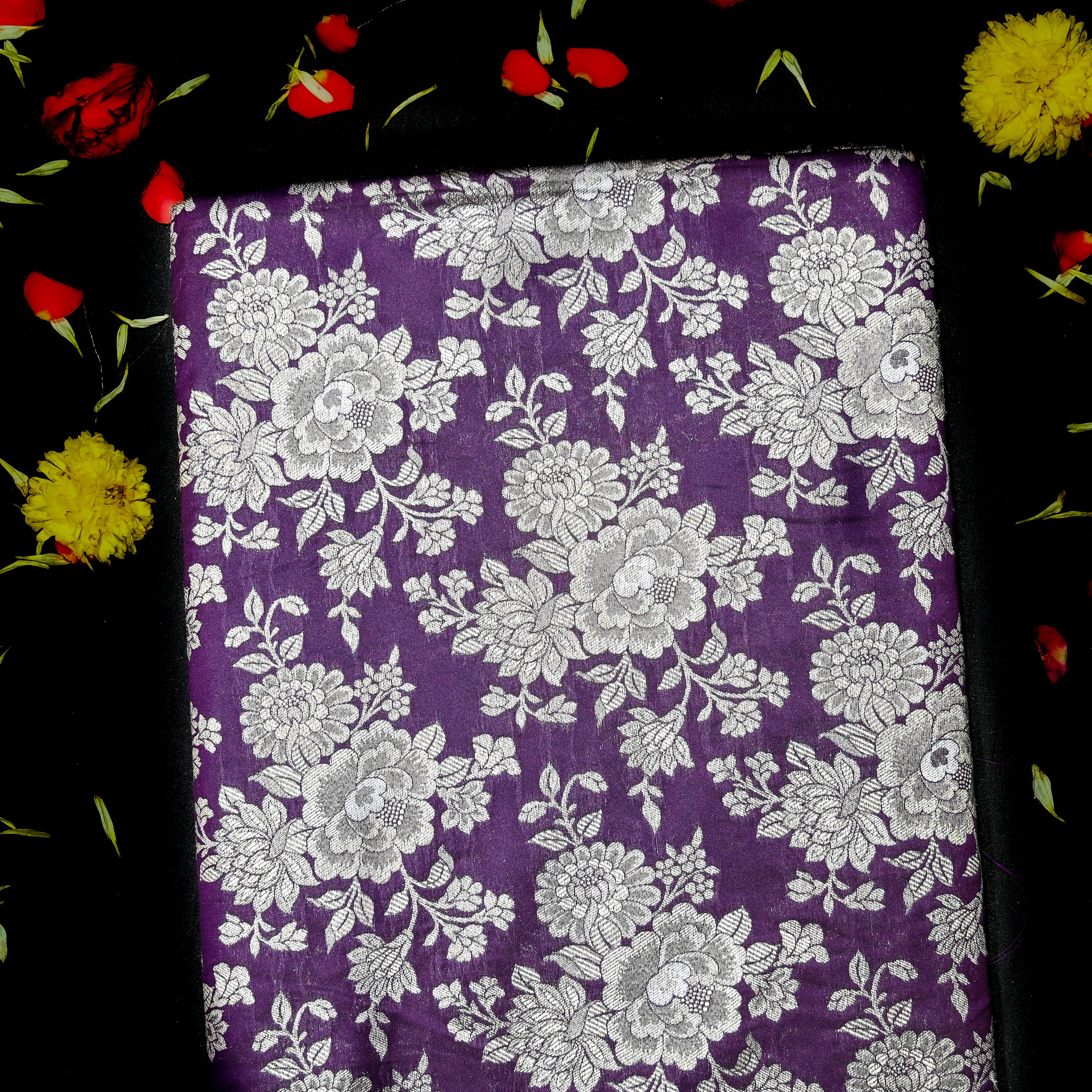 Dark Purple Jamawar Silk Fabric With Huge Floral Jaal