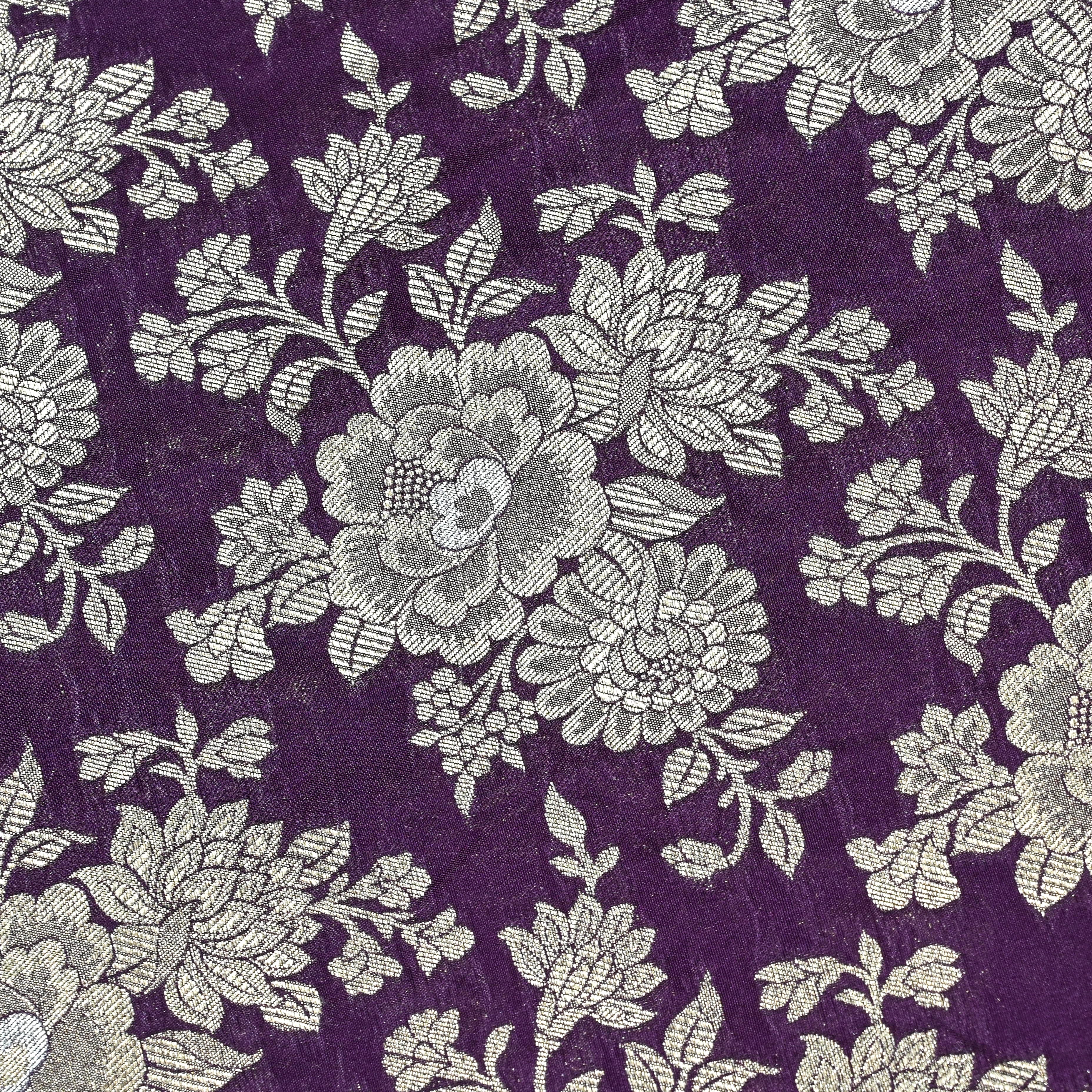 Dark Purple Jamawar Silk Fabric With Huge Floral Jaal