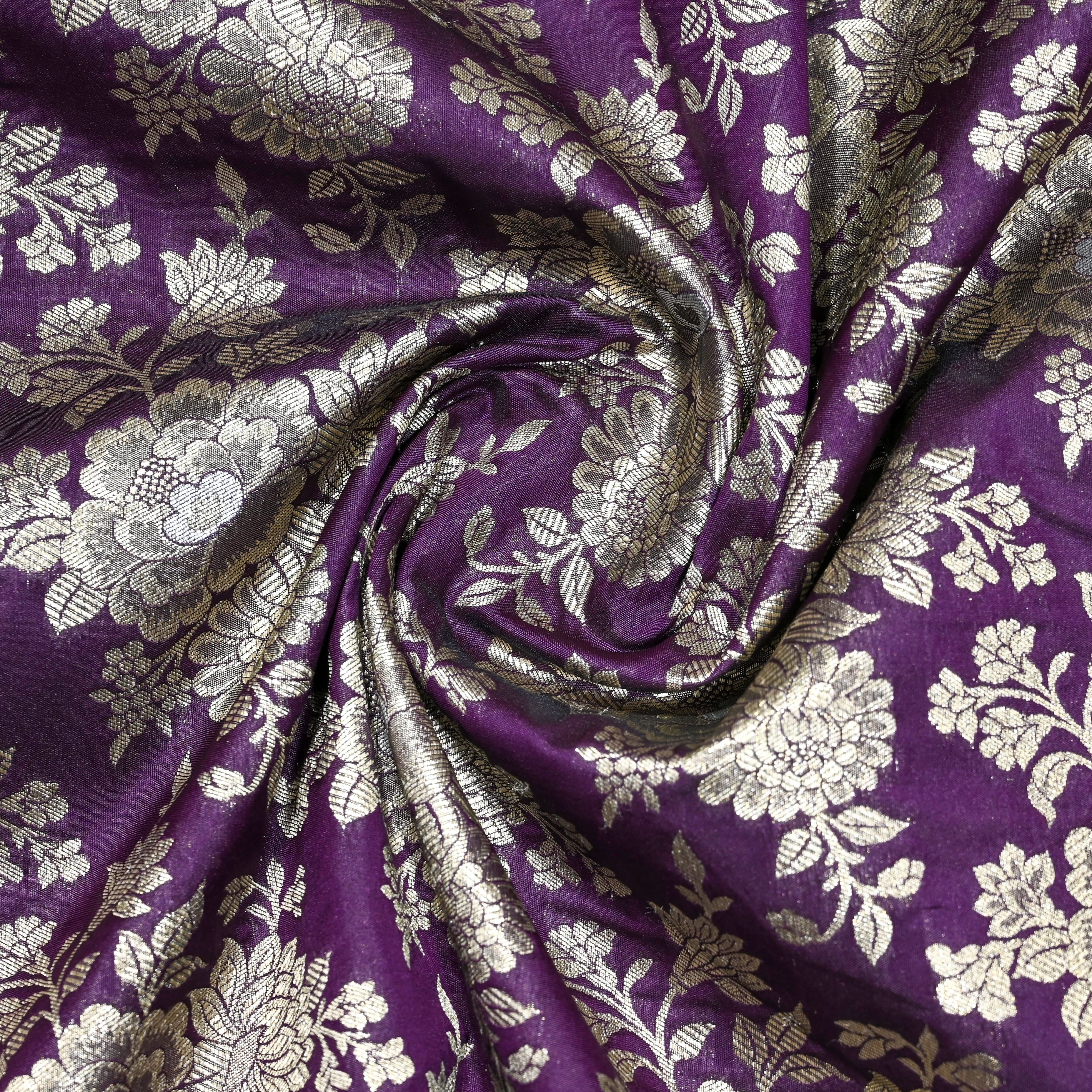 Dark Purple Jamawar Silk Fabric With Huge Floral Jaal