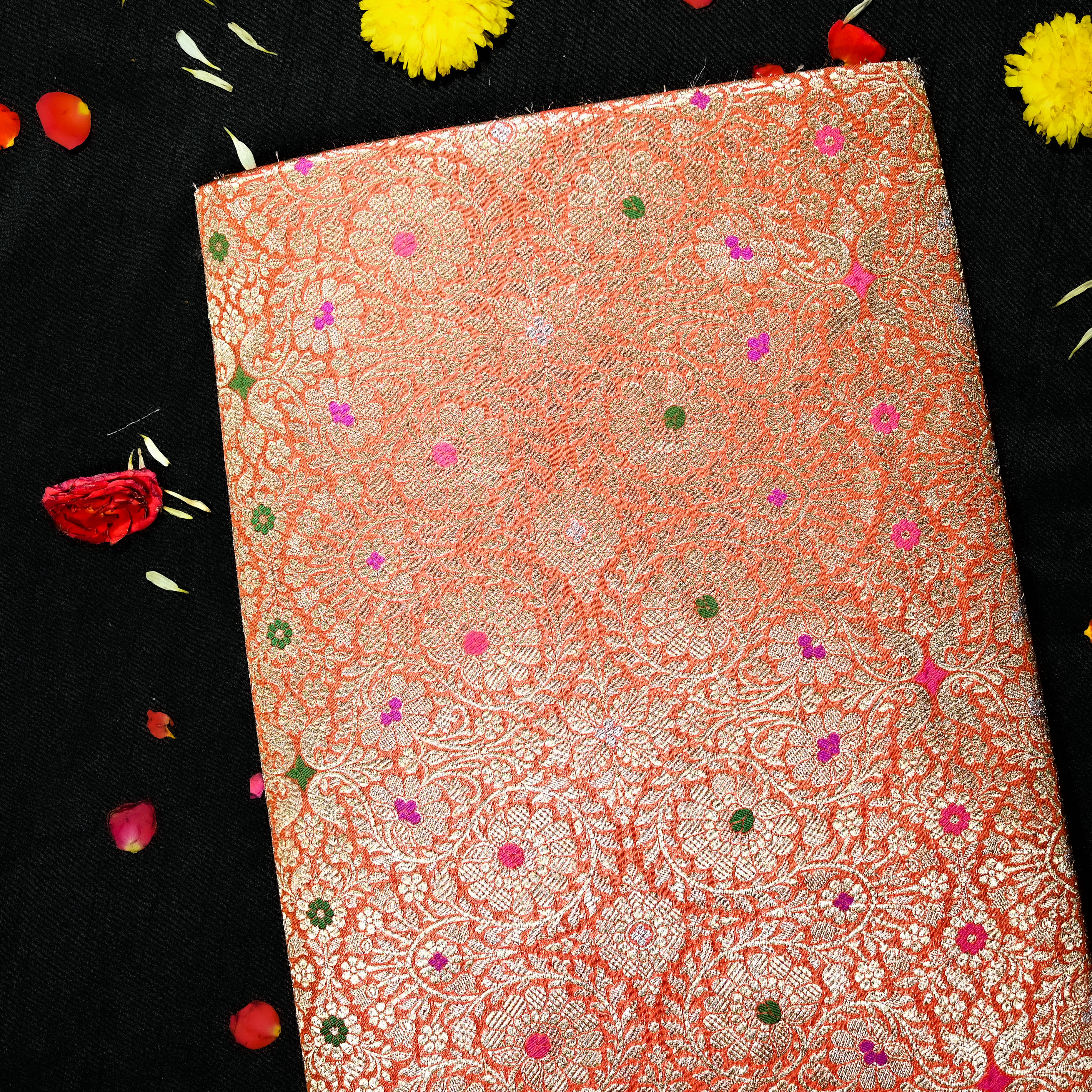 Pumpkin Orange Banaras Fabric With Intricate Zari Design