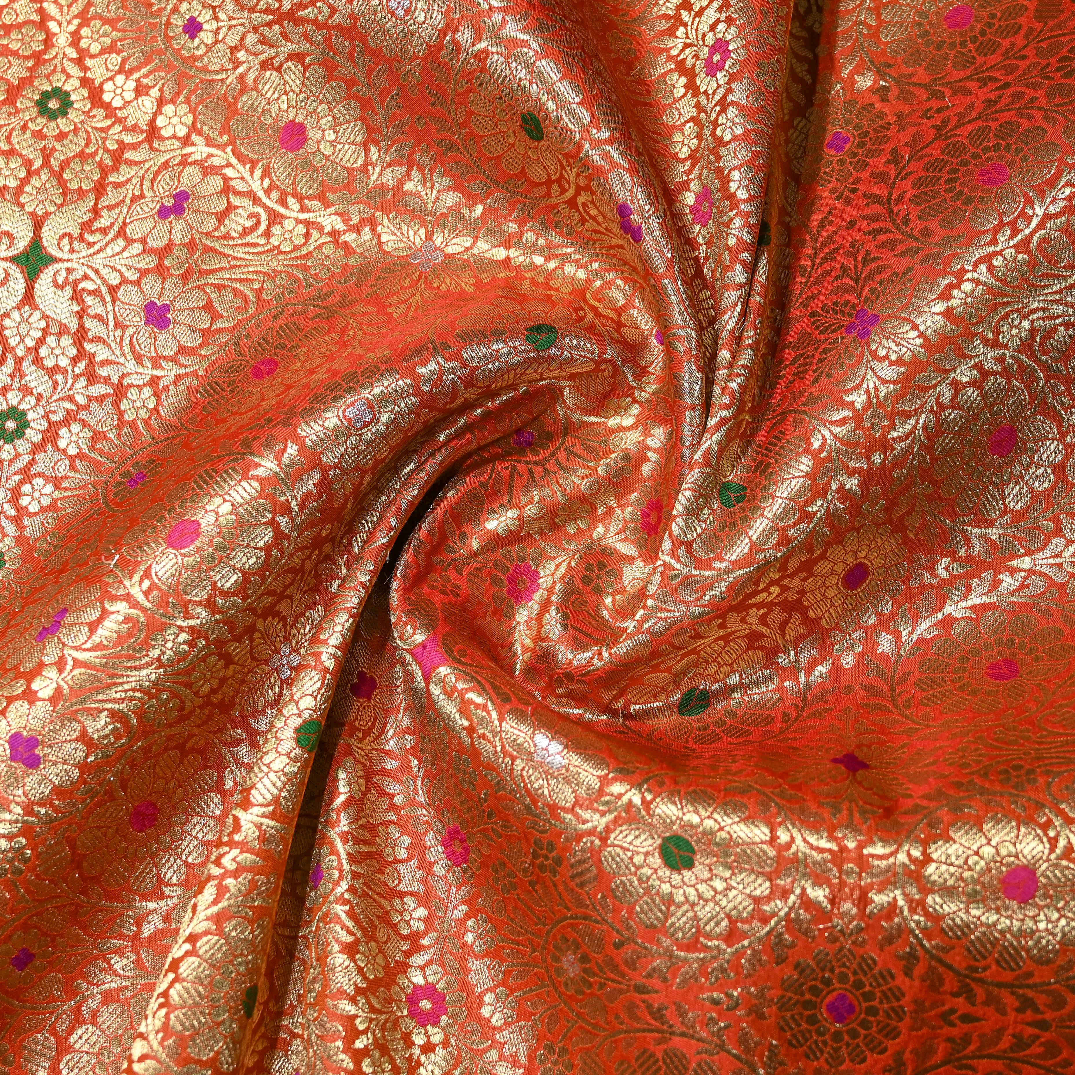 Pumpkin Orange Banaras Fabric With Intricate Zari Design