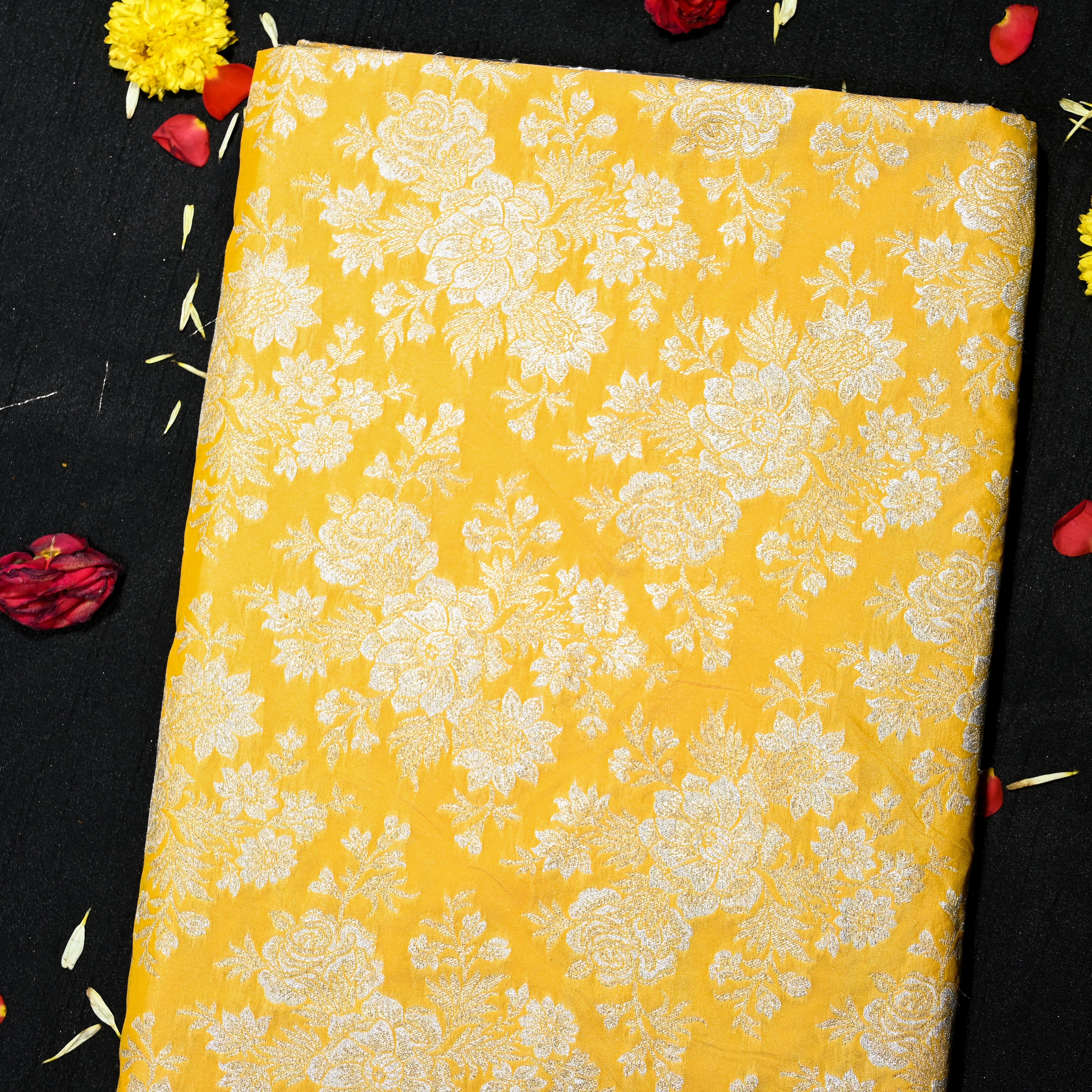 Mustard Yellow Banaras Fabric With Floral Jaal