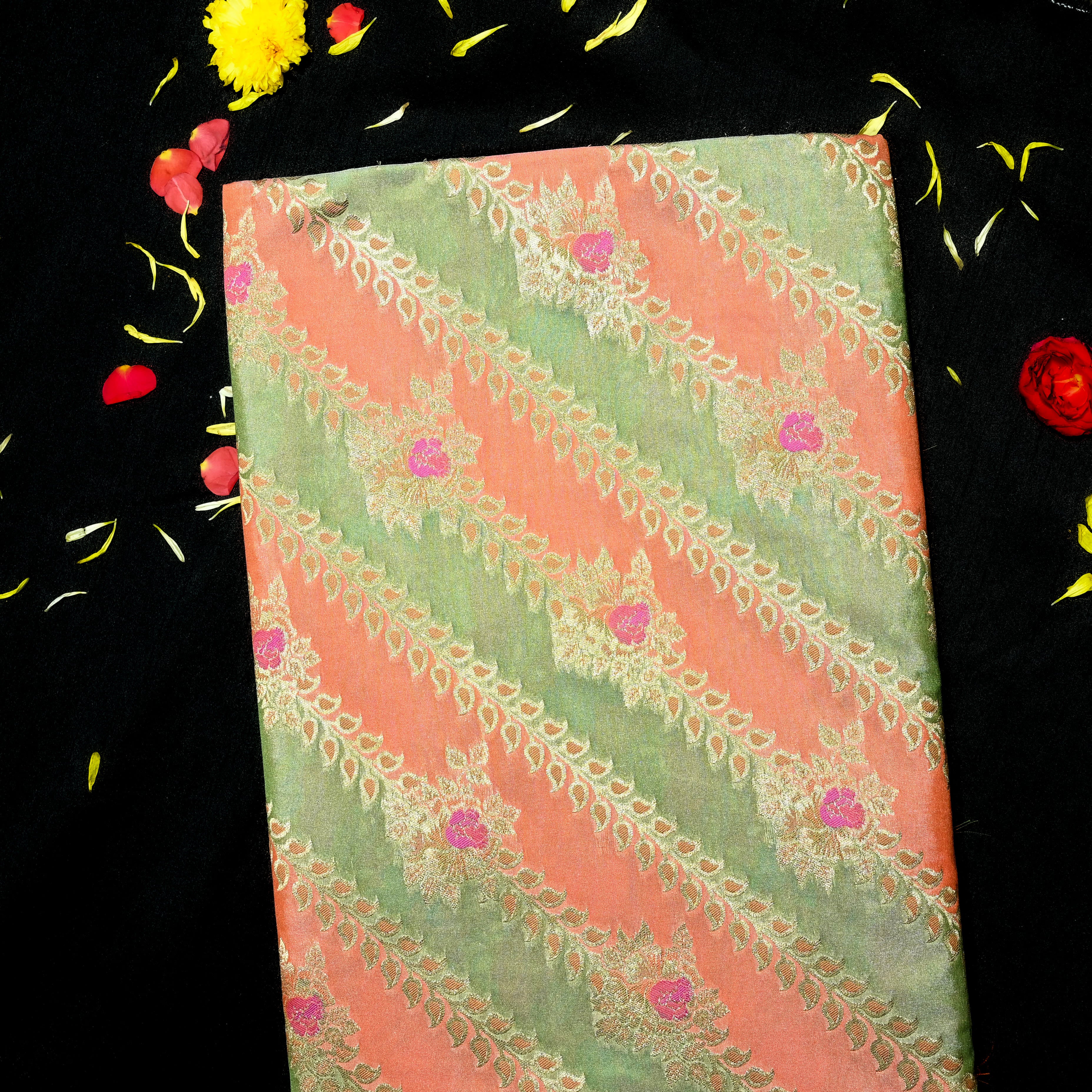 Pastel Green And Peach Jamawar Silk Fabric With Leheriya Pattern