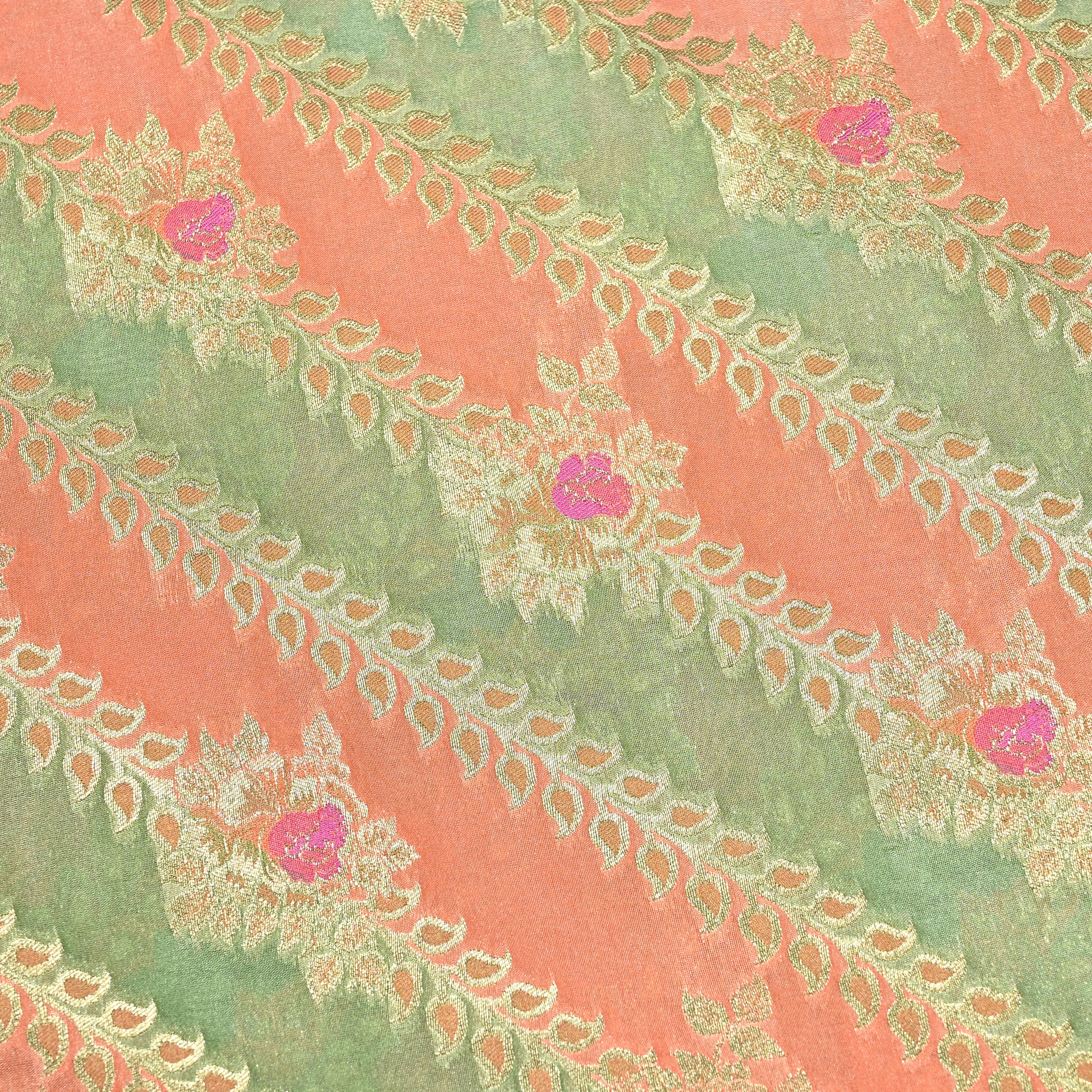 Pastel Green And Peach Jamawar Silk Fabric With Leheriya Pattern