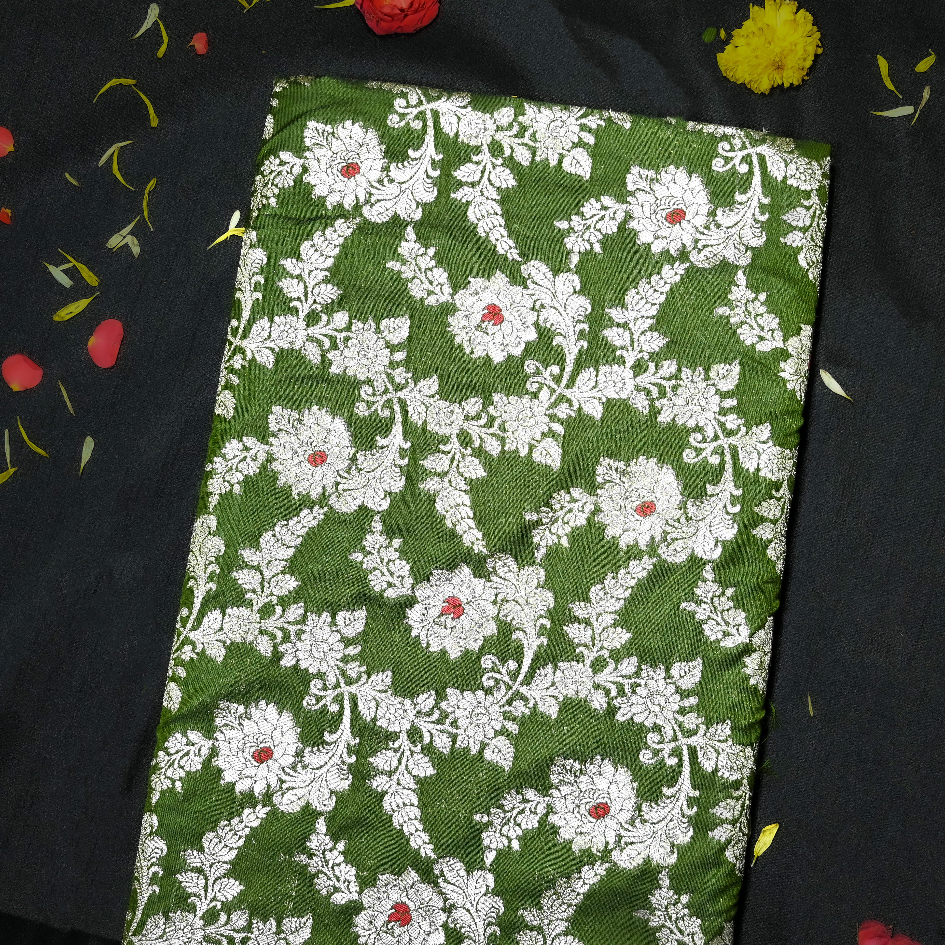 Moss Green Banarasi Fabric With Floral Jaal