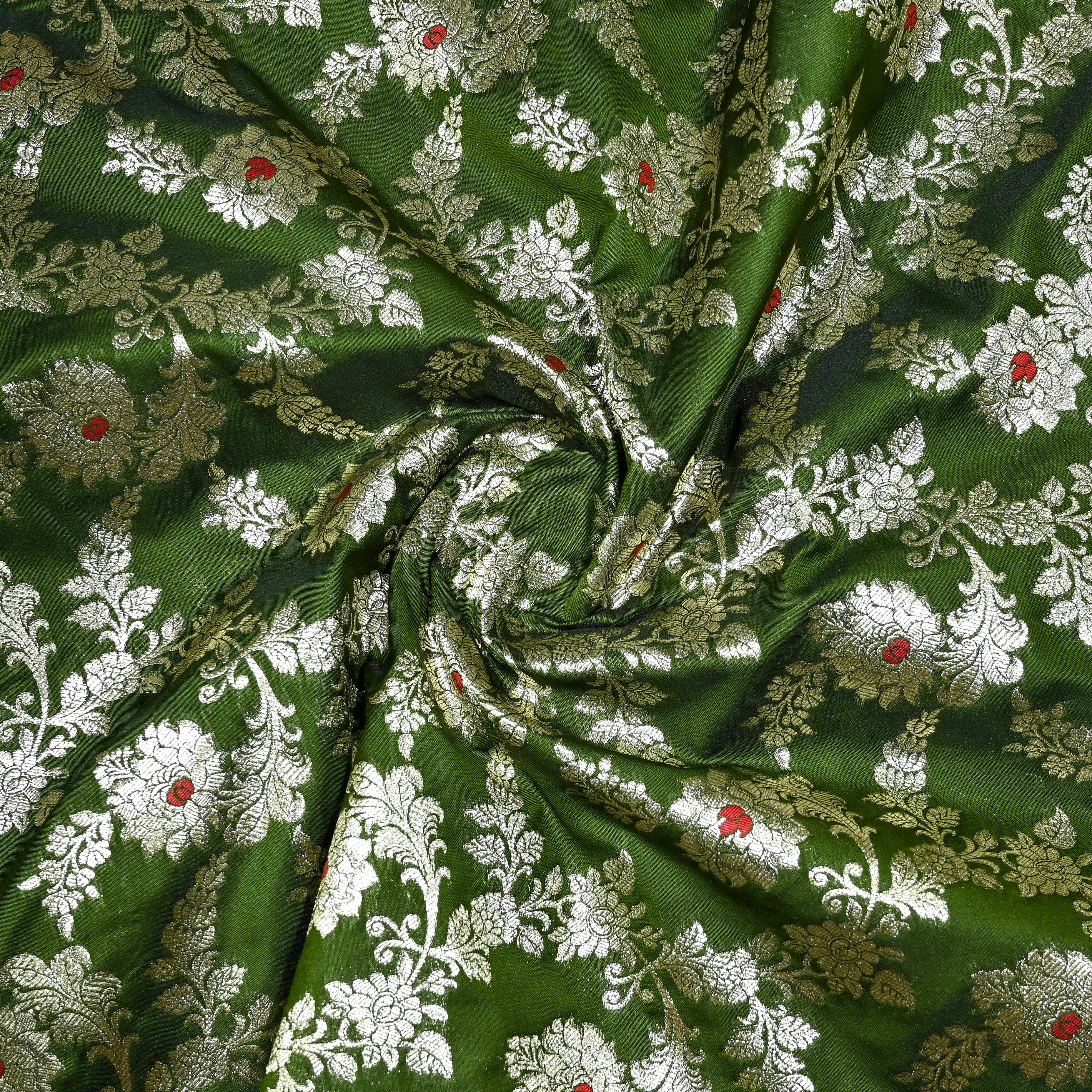 Moss Green Banaras Fabric With Floral Jaal