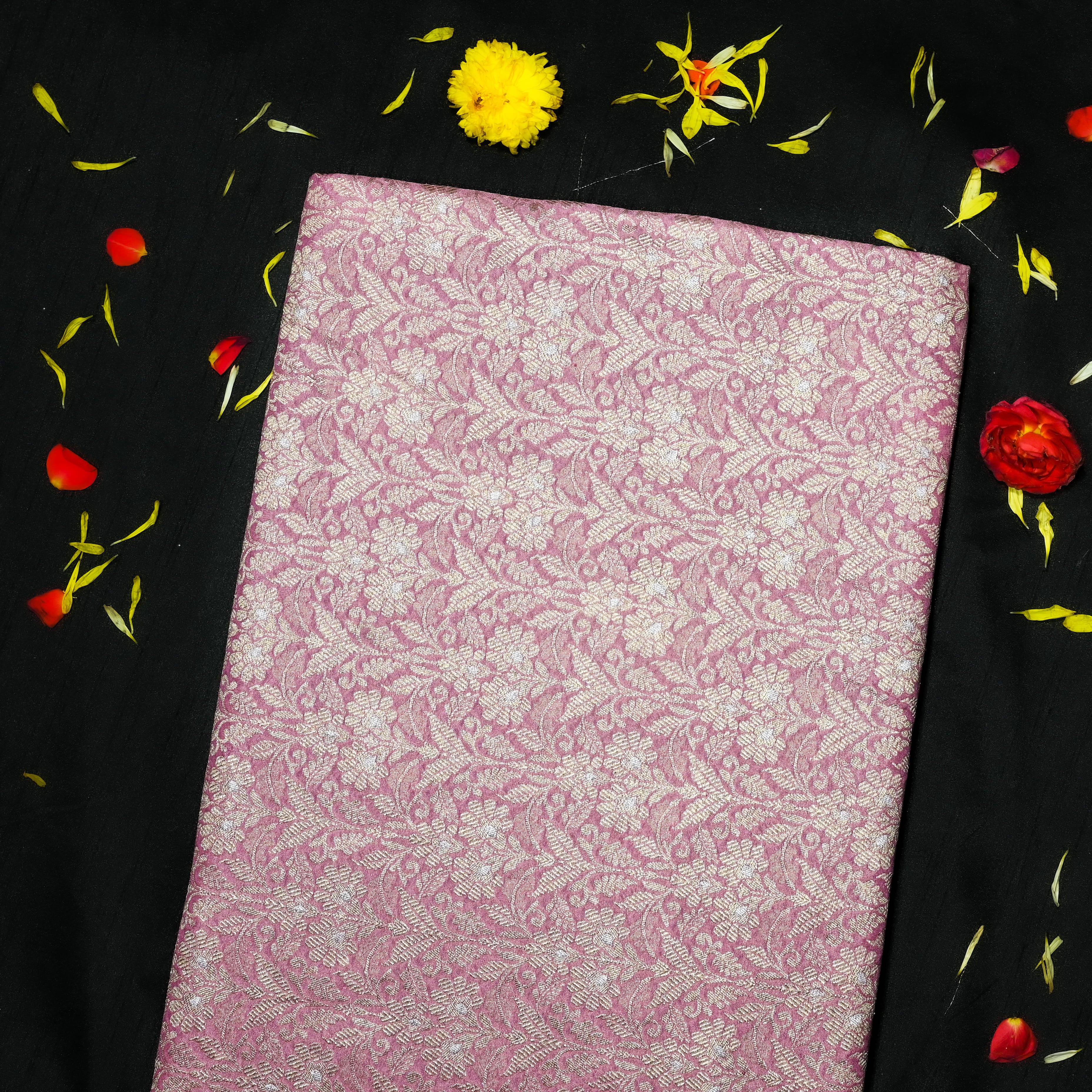 Flamingo Pink Jamawar Silk With Floral Zari Weaving