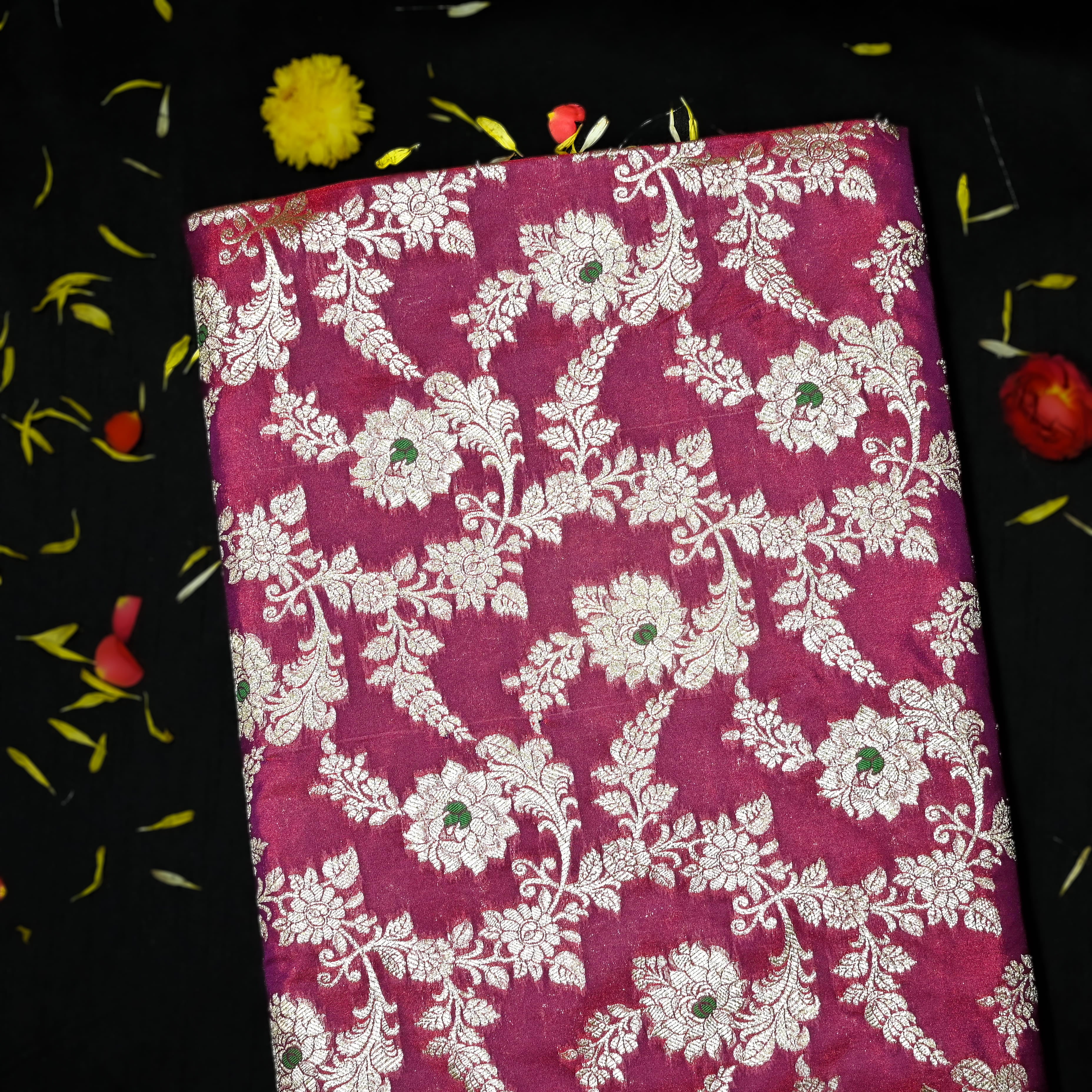 Magenta Purple Banaras Fabric With Floral Jaal