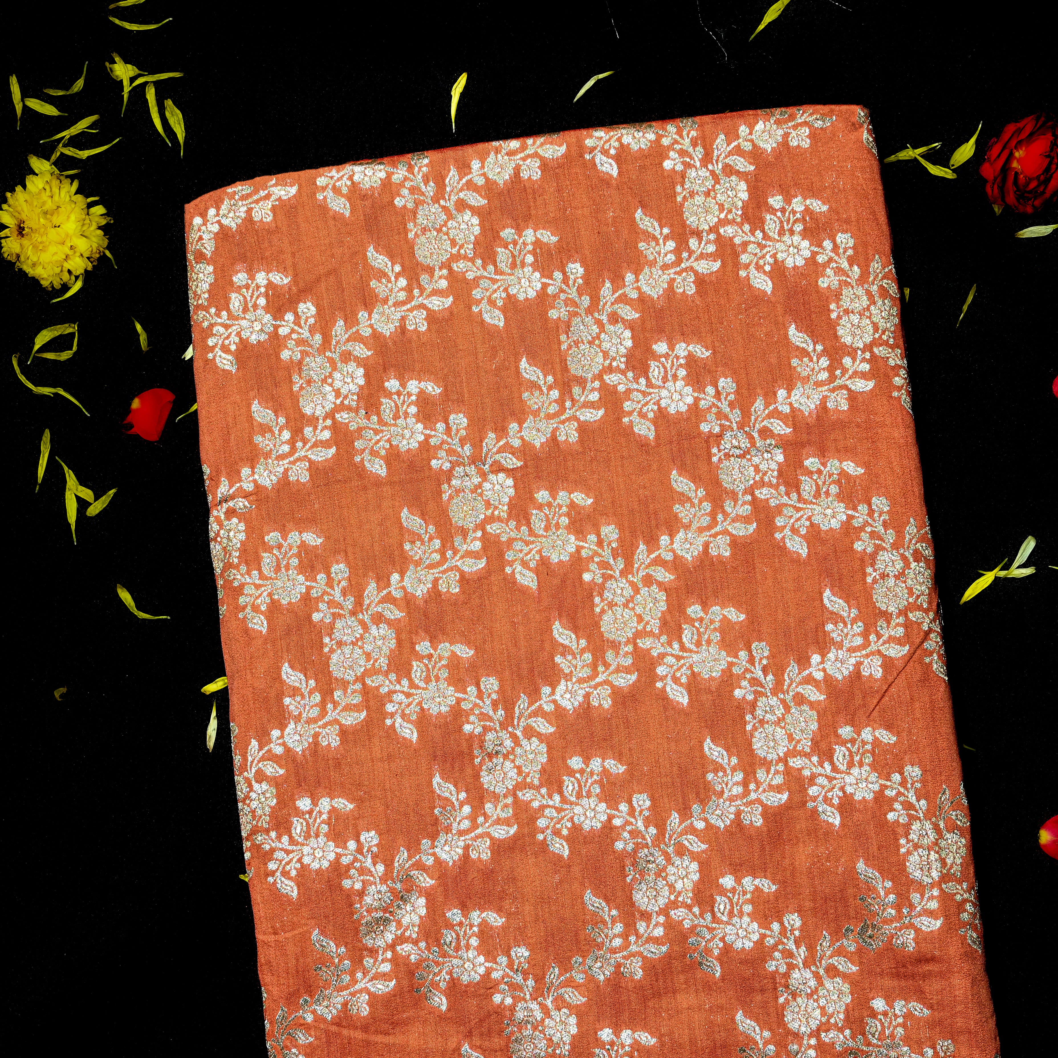 Sunset Orange Jamawar Silk Fabric With Floral Jaal