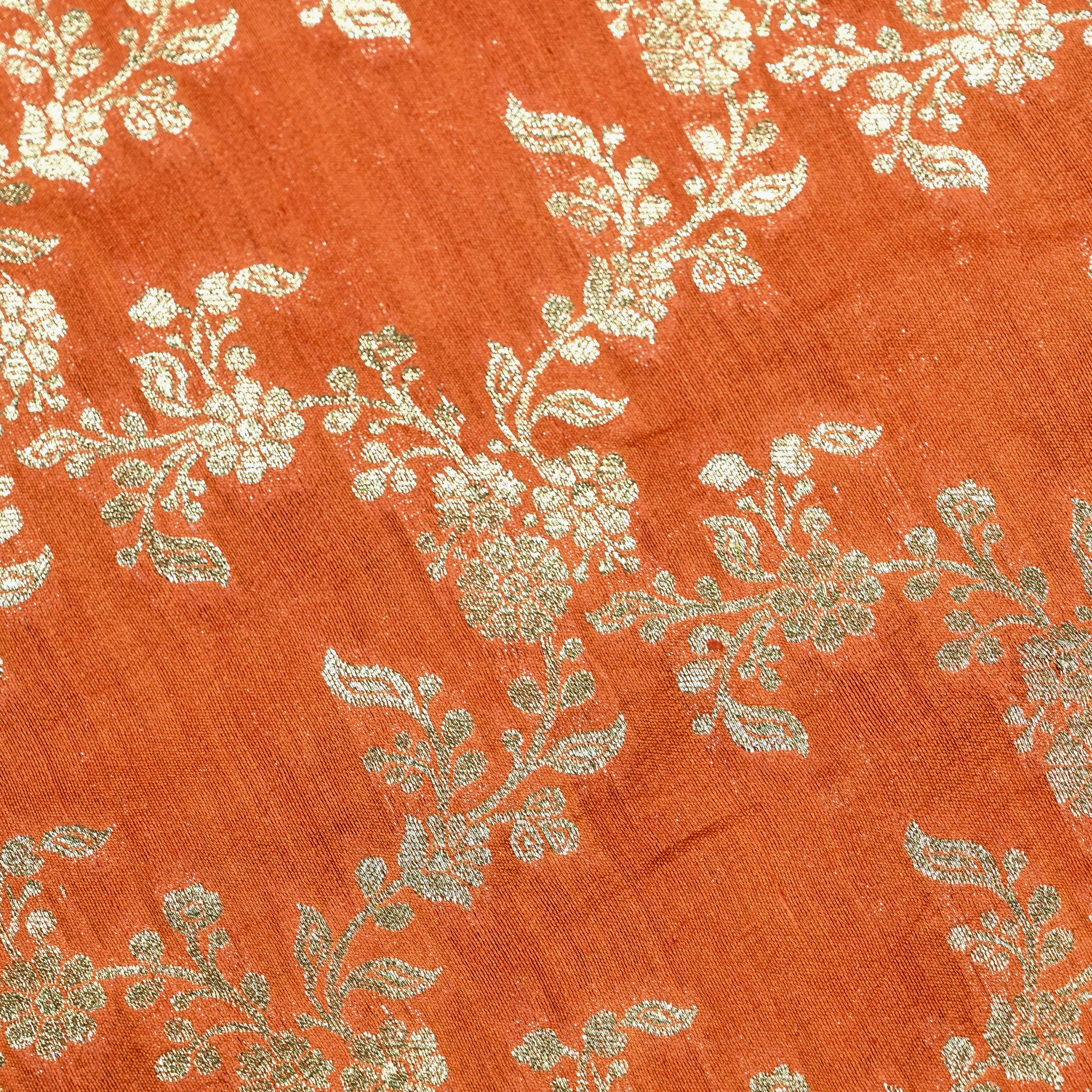 Sunset Orange Jamawar Silk Fabric With Floral Jaal