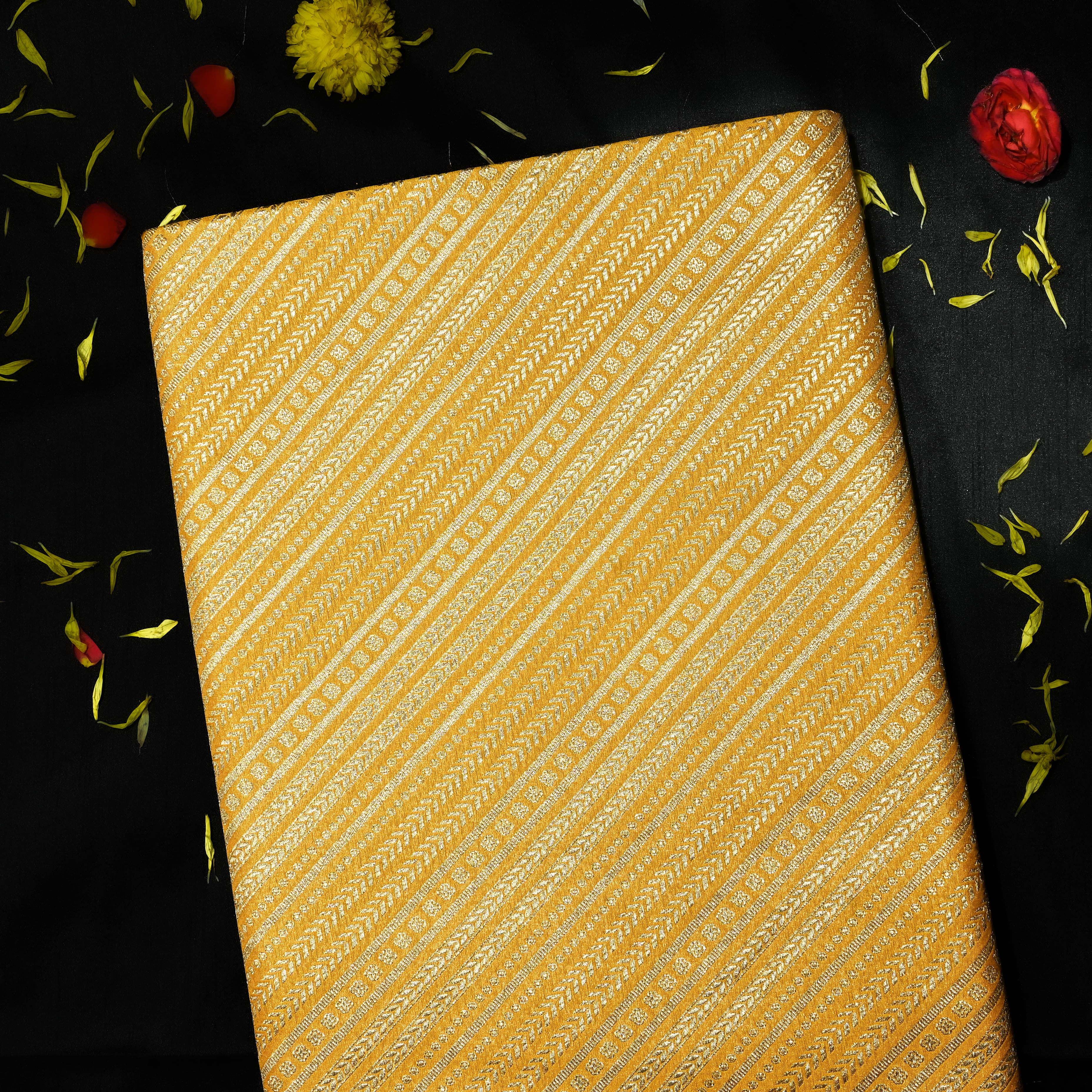 Golden Yellow Banaras Fabric With Diagonal Stripes