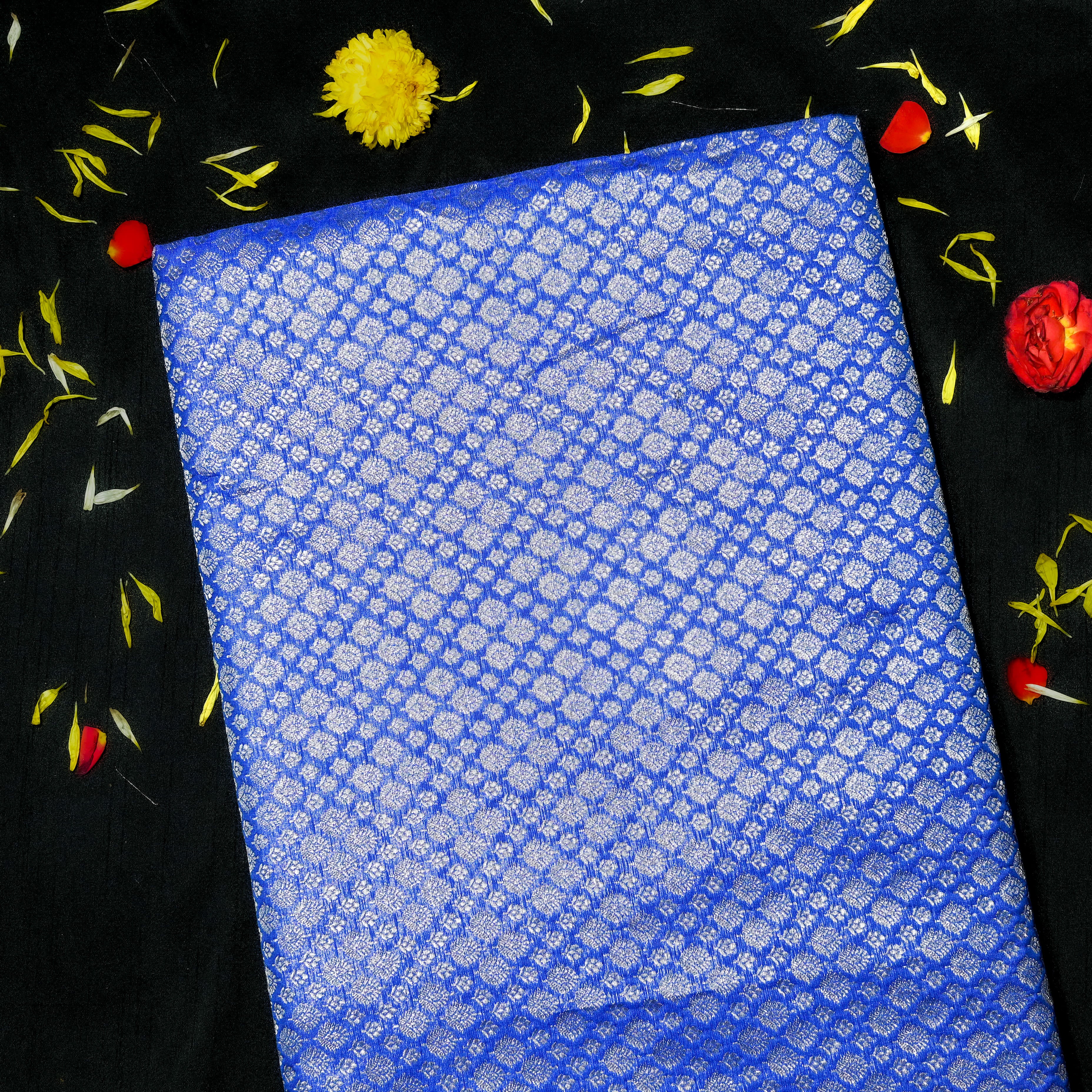 Cobalt Blue Jamawar Silk Fabric With Intricate Zari Work