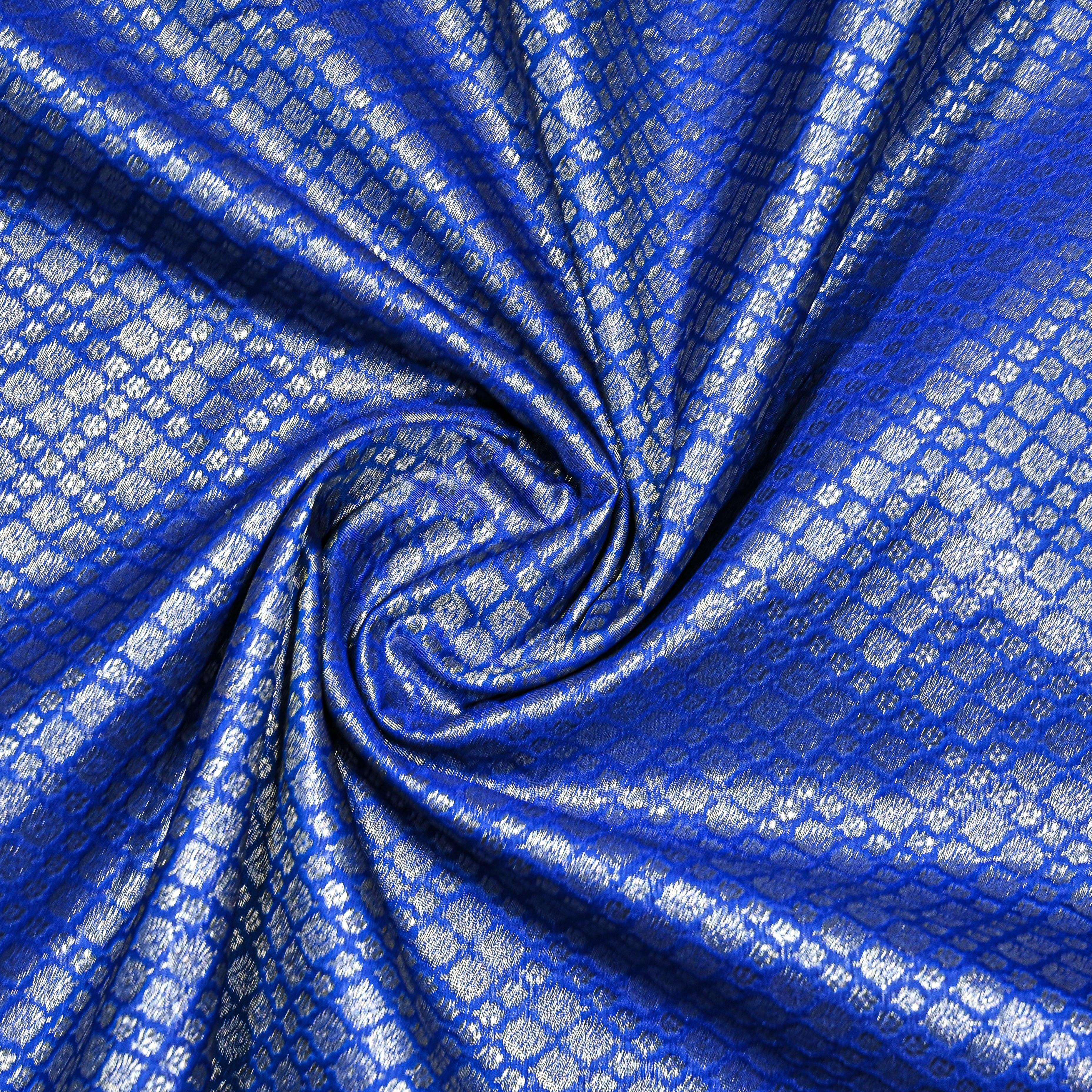 Cobalt Blue Jamawar Silk Fabric With Intricate Zari Work