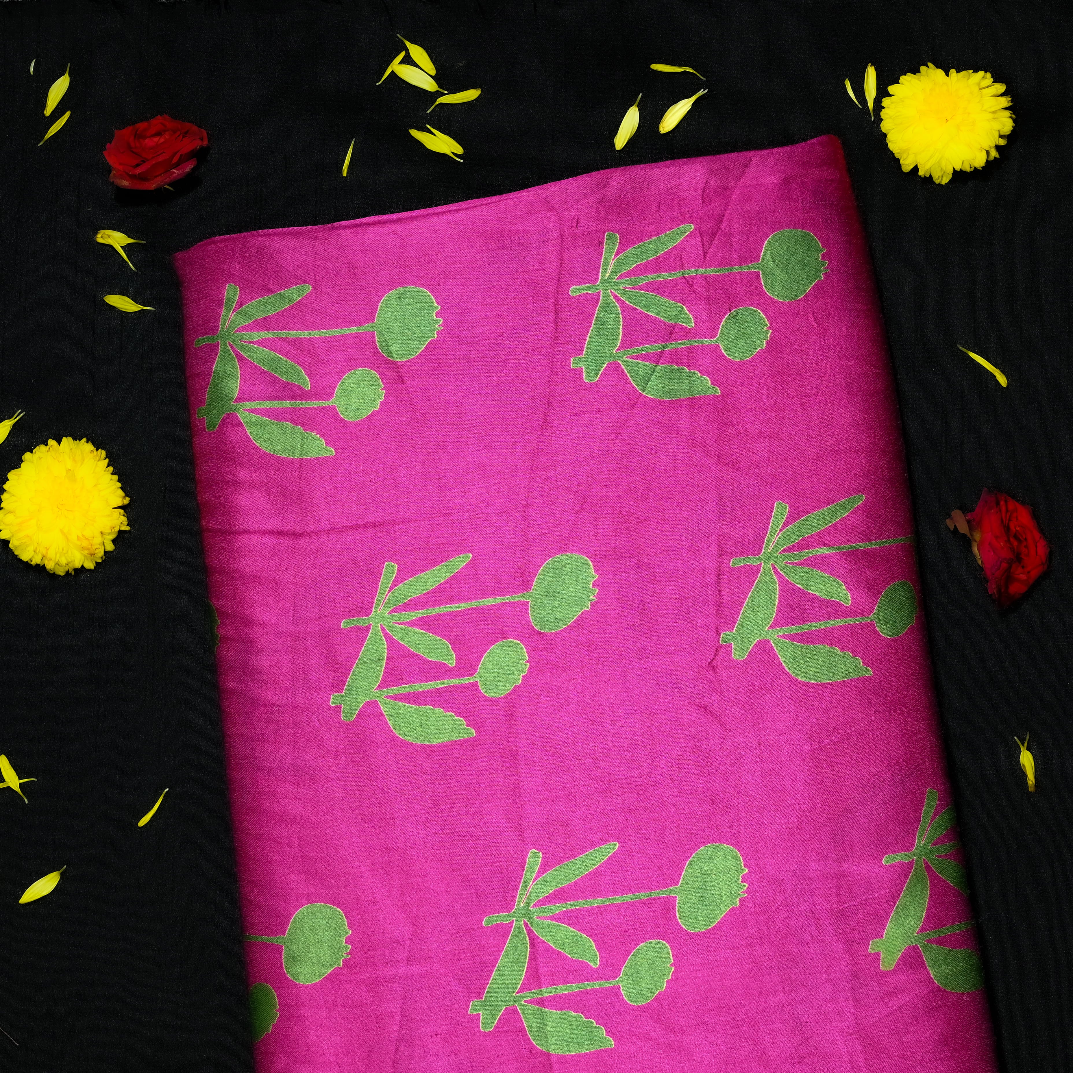 Hot Pink Satin Fabric With Printed Design