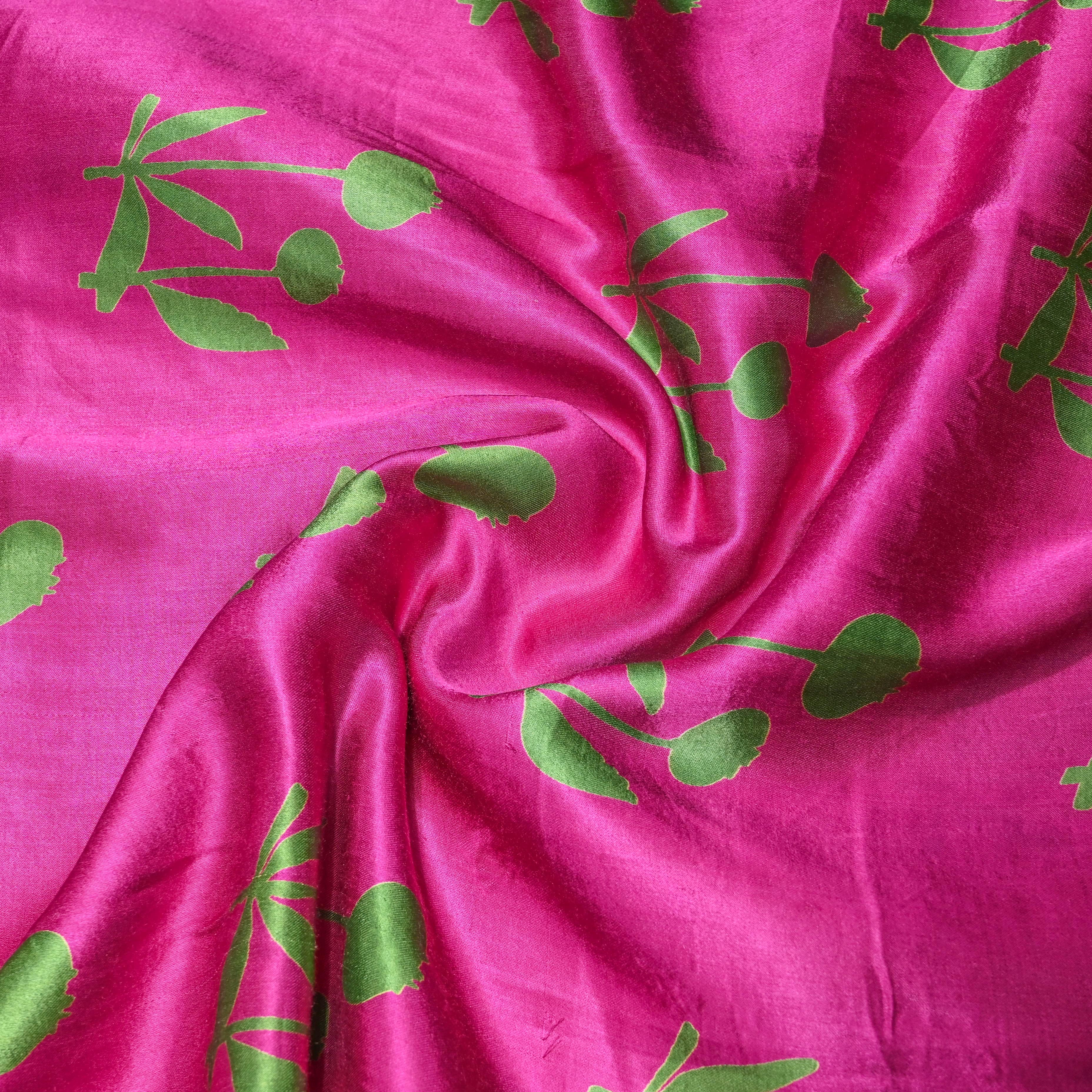 Hot Pink Satin Fabric With Printed Design