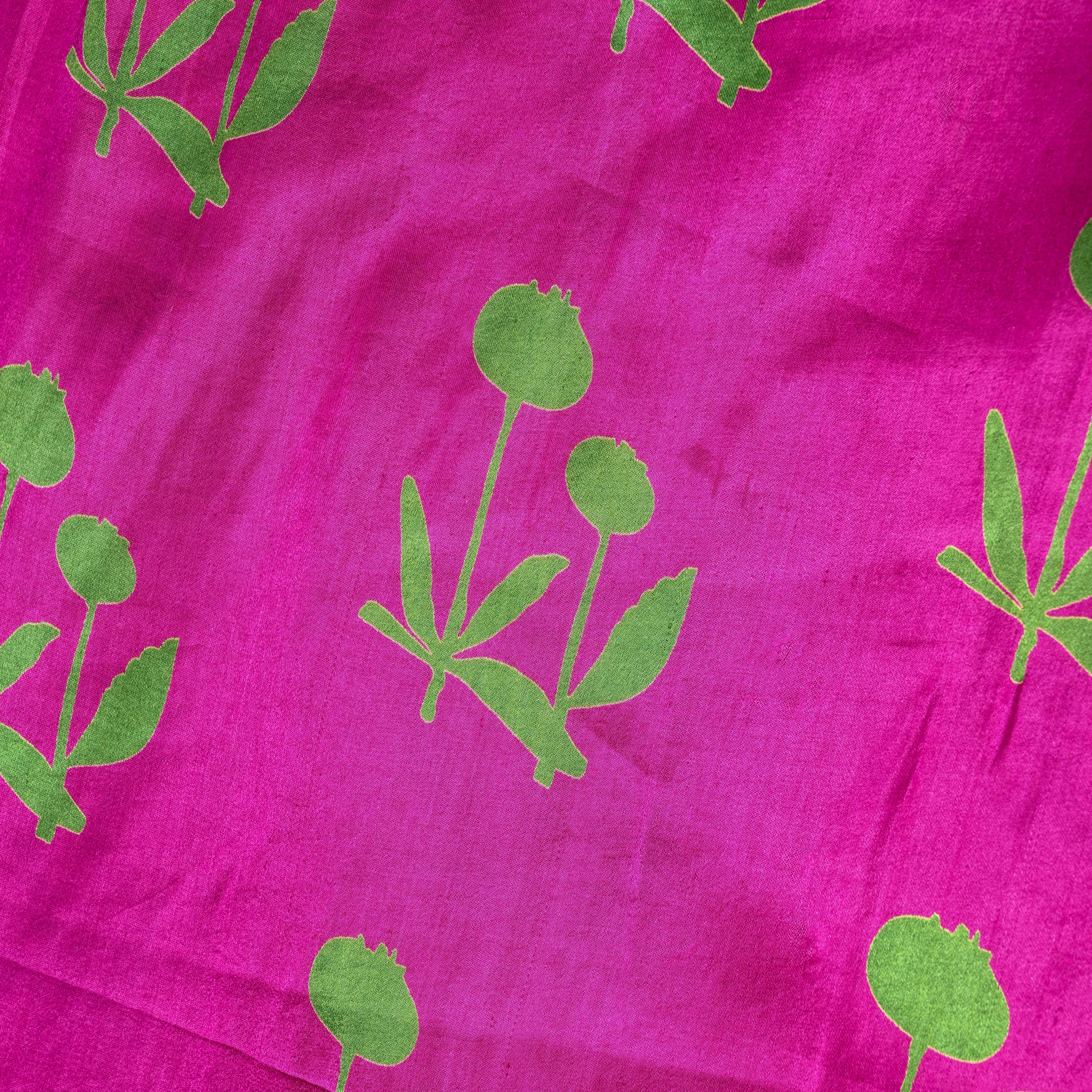 Hot Pink Satin Fabric With Printed Design