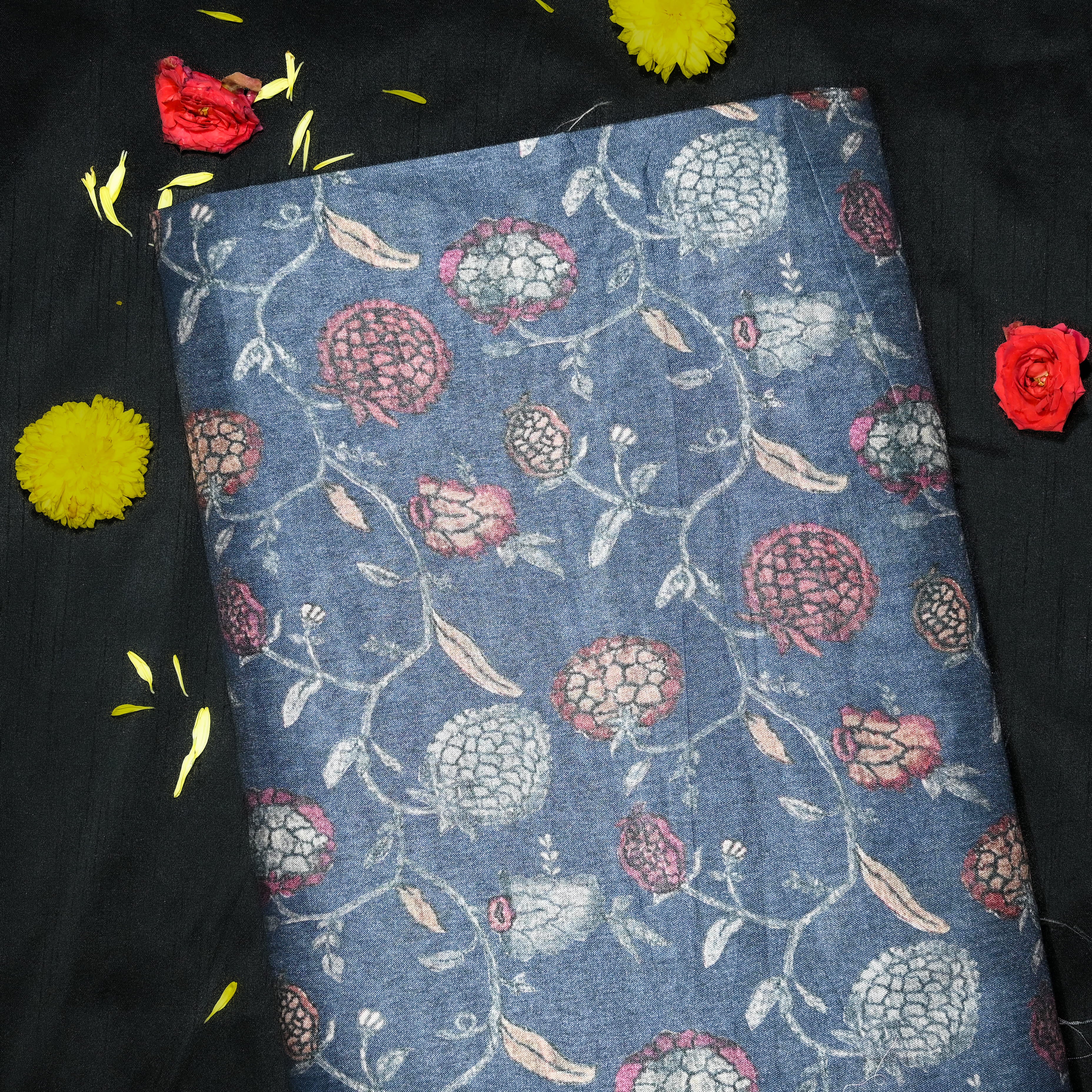 Light Steel Blue Tussar Fabric With Digital Print