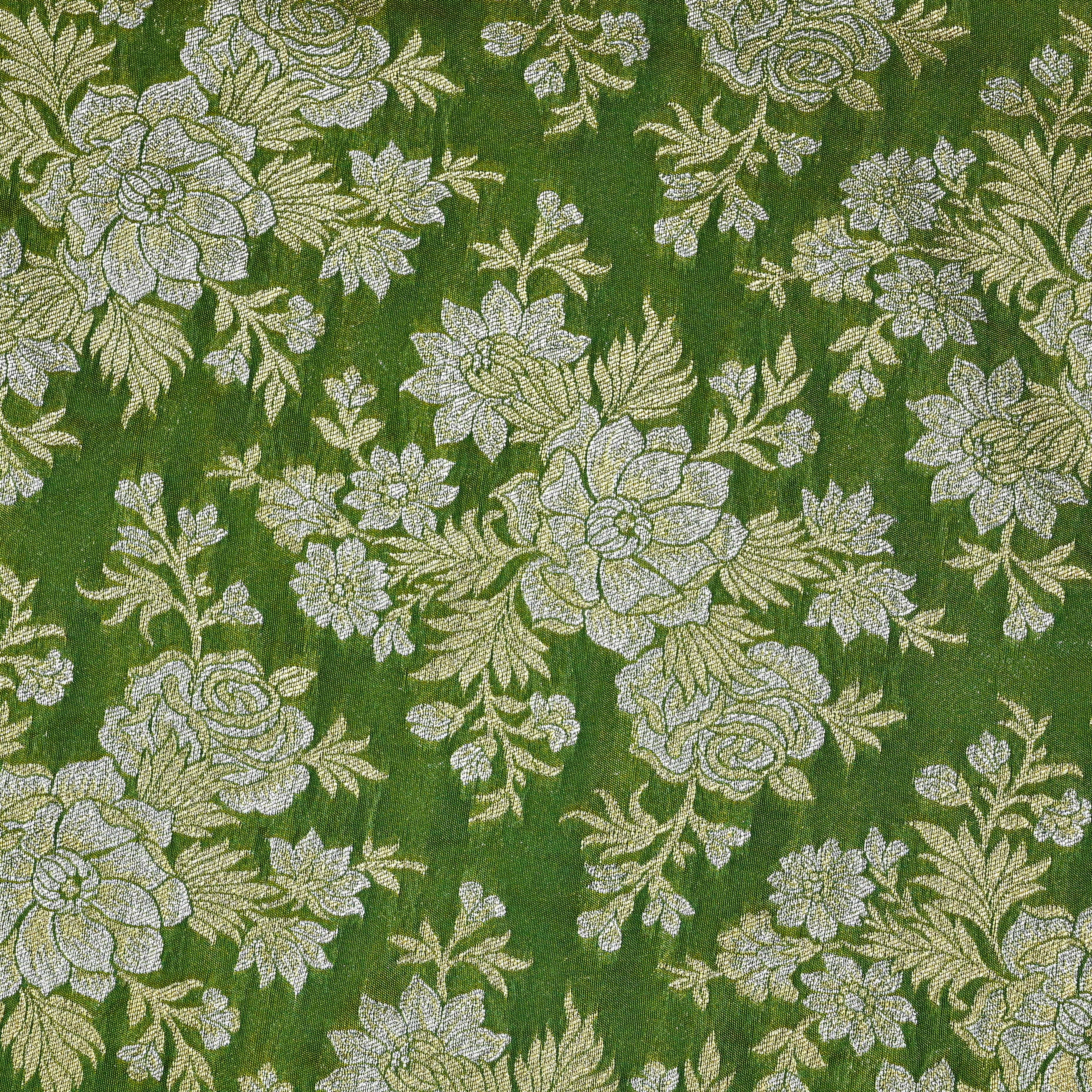 Kelly Green Jamawar Silk Fabric With Floral Jaal