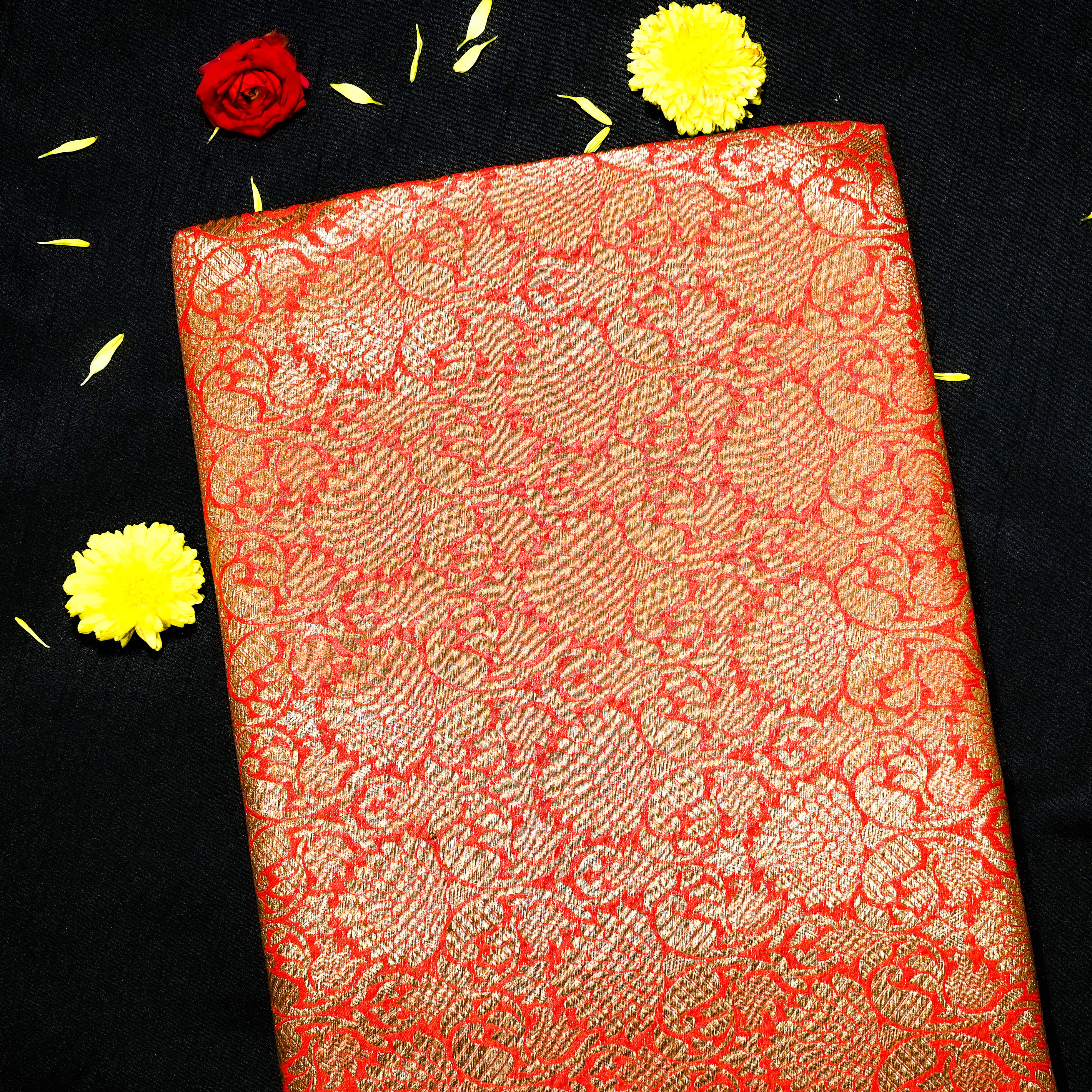 Orangish Red Jamawar Silk Fabric With Floral Jaal Weaving