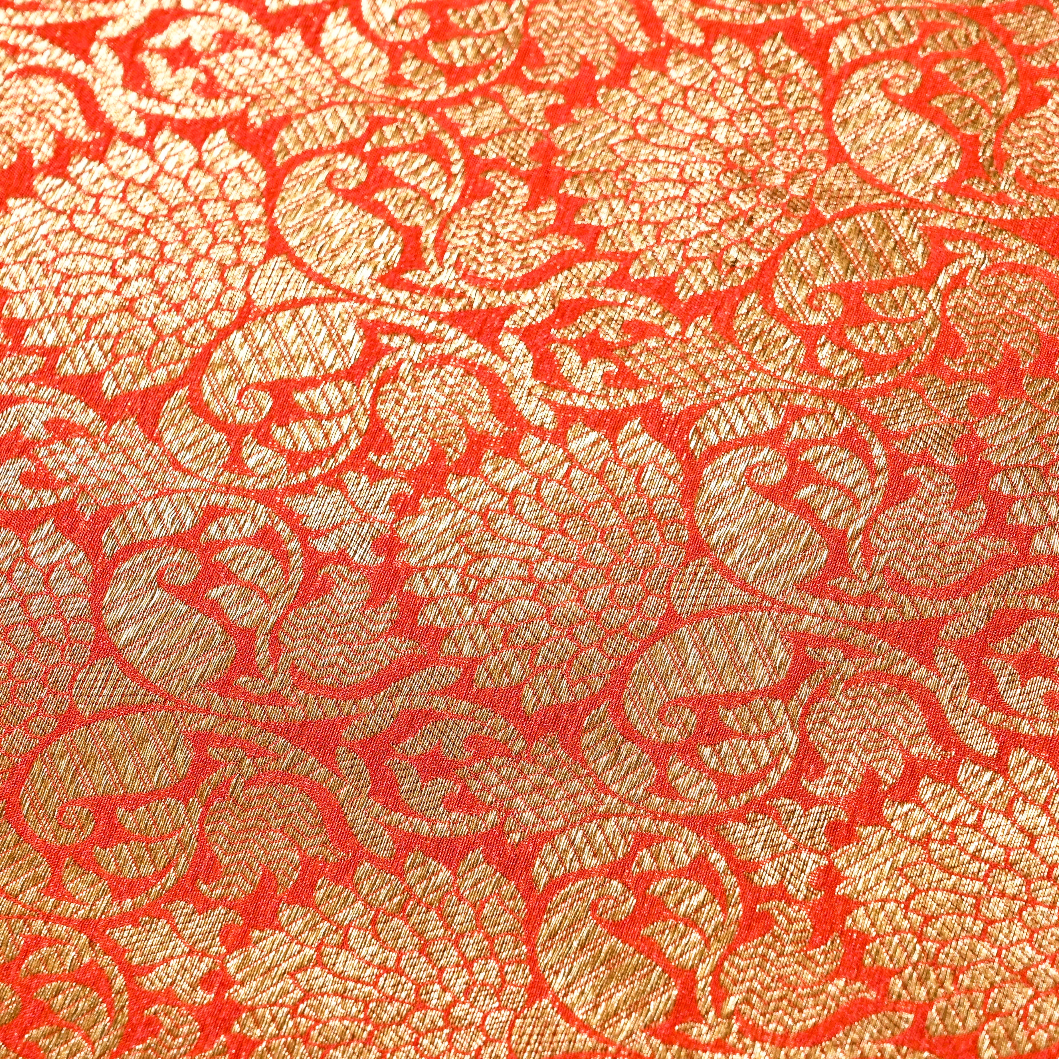 Orangish Red Jamawar Silk Fabric With Floral Jaal Weaving