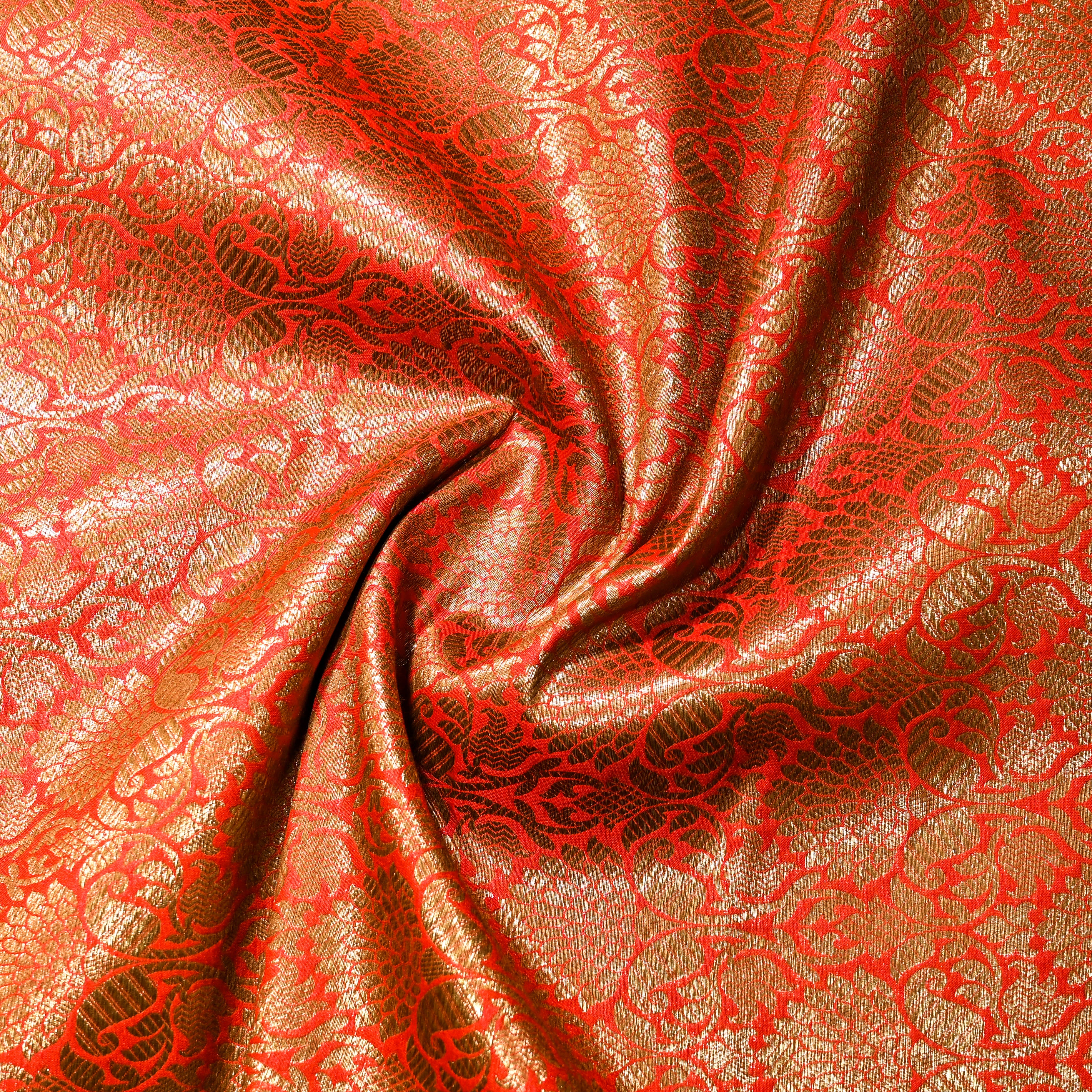 Orangish Red Jamawar Silk Fabric With Floral Jaal Weaving