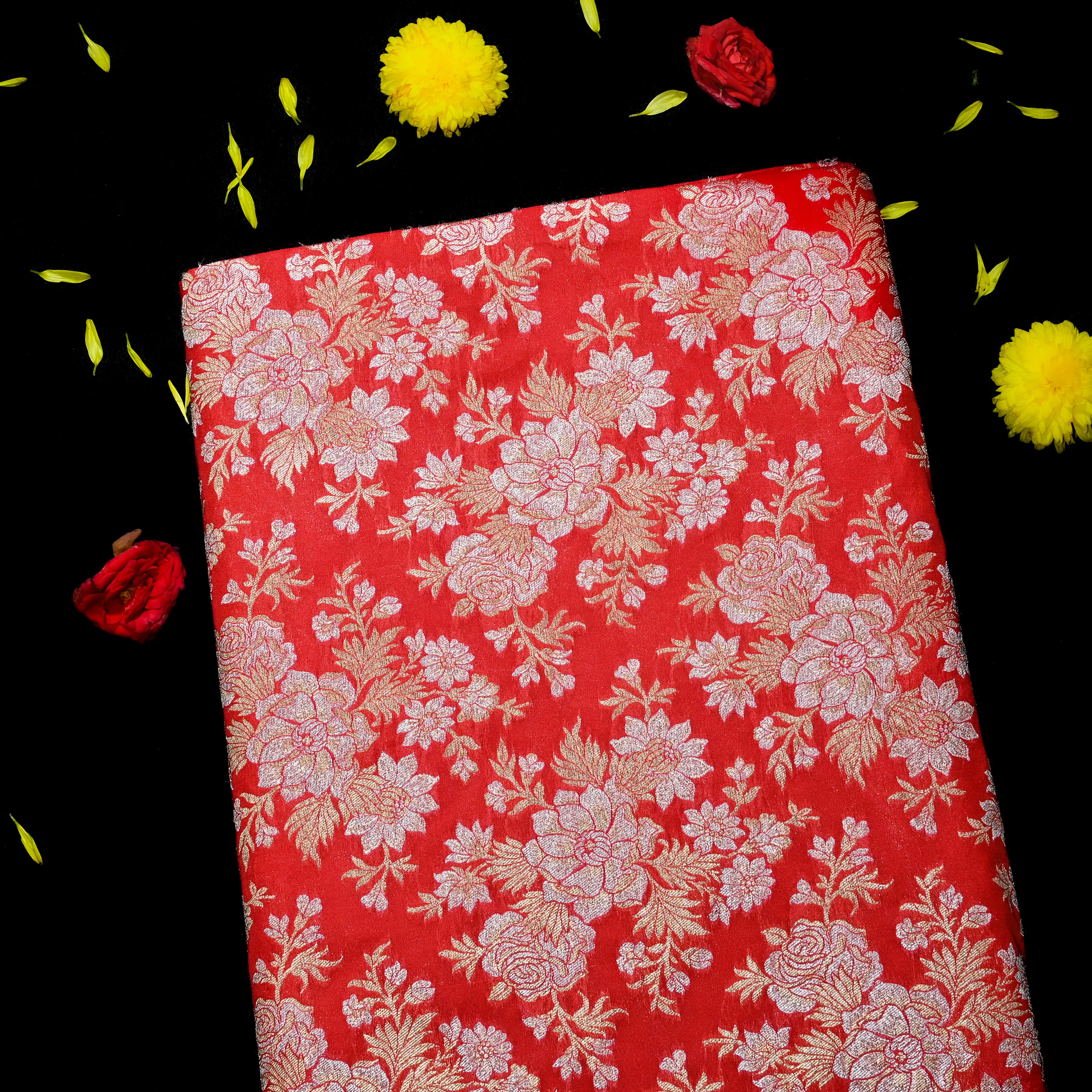 Red Jamawar Silk Fabric With Floral Jaal