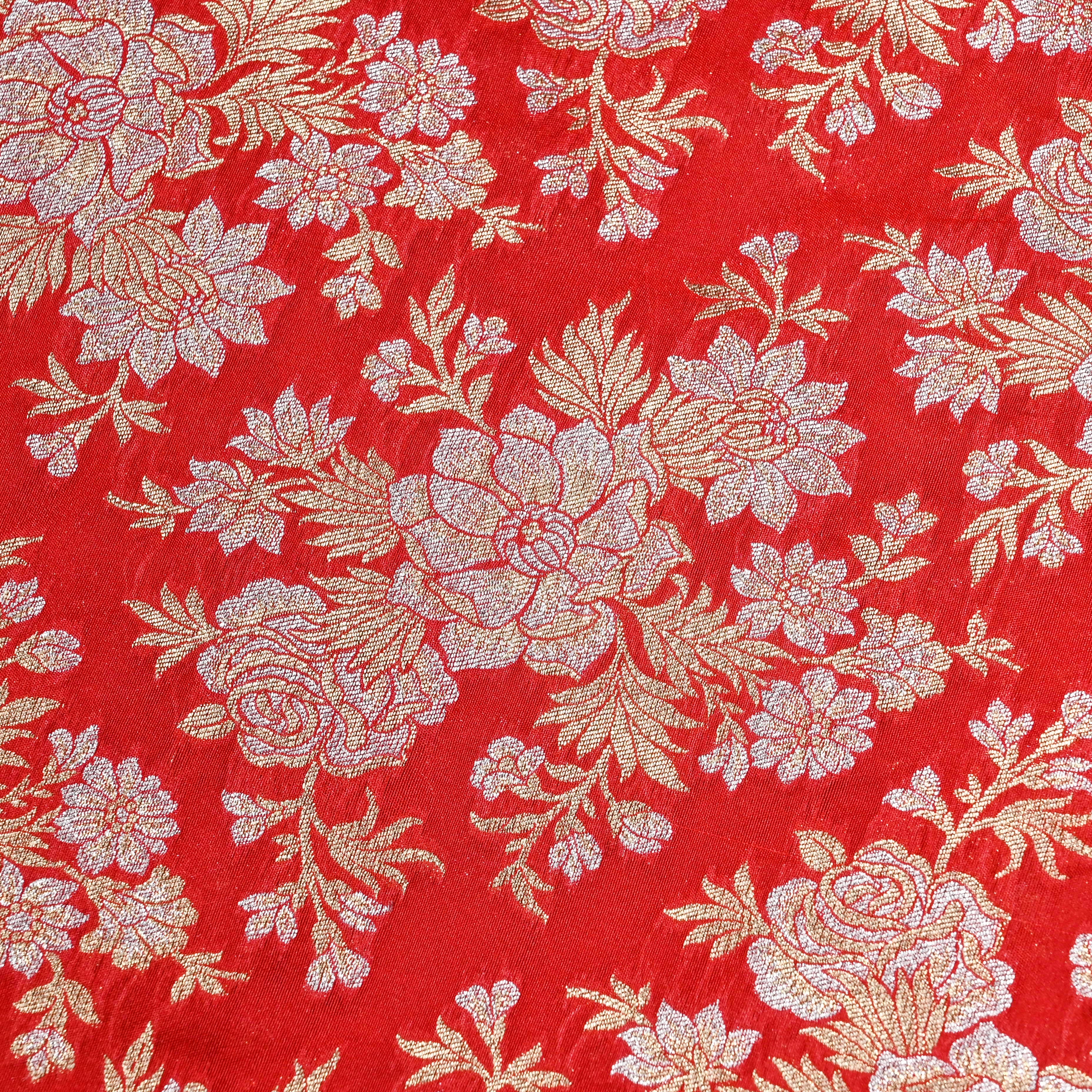 Red Jamawar Silk Fabric With Floral Jaal