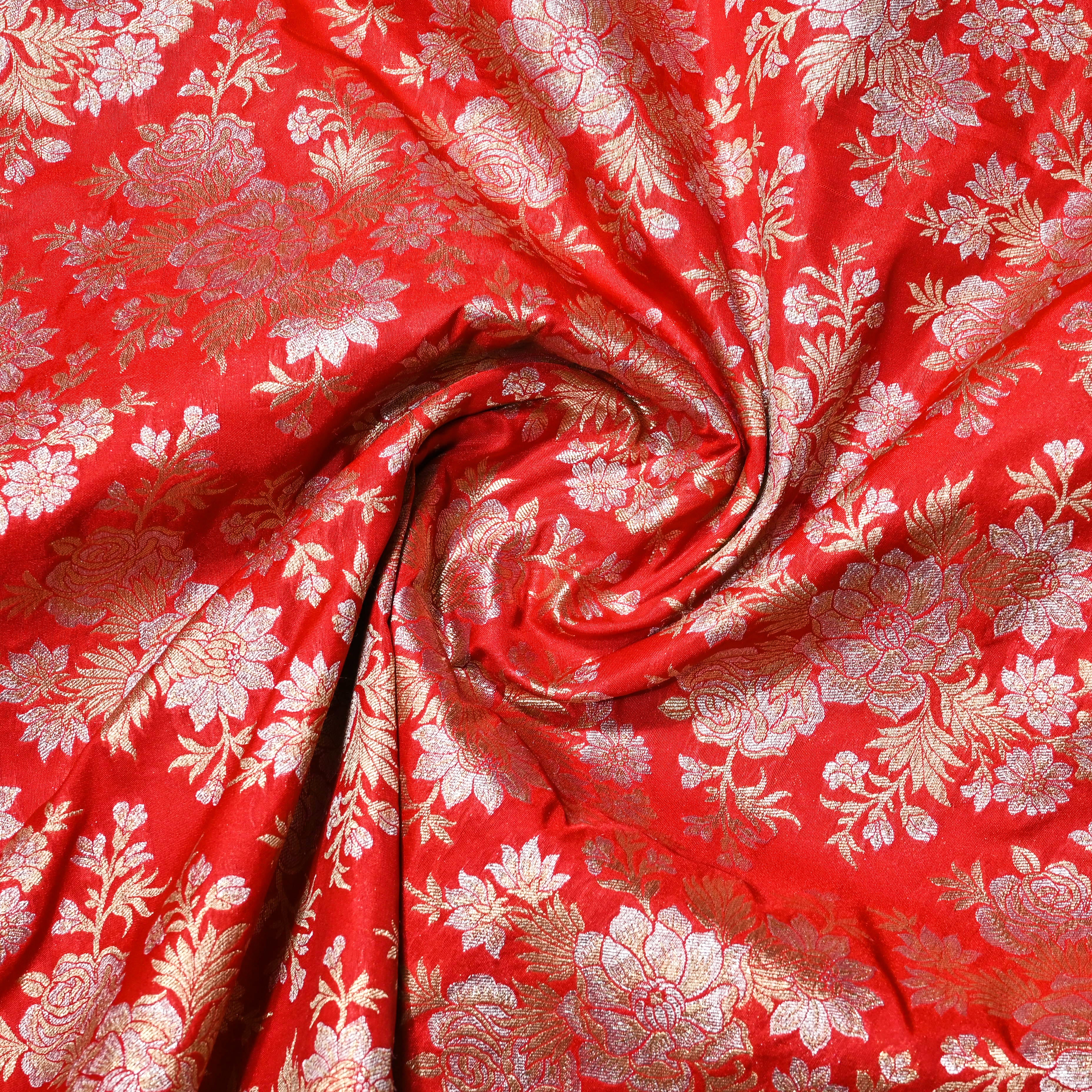 Red Jamawar Silk Fabric With Floral Jaal
