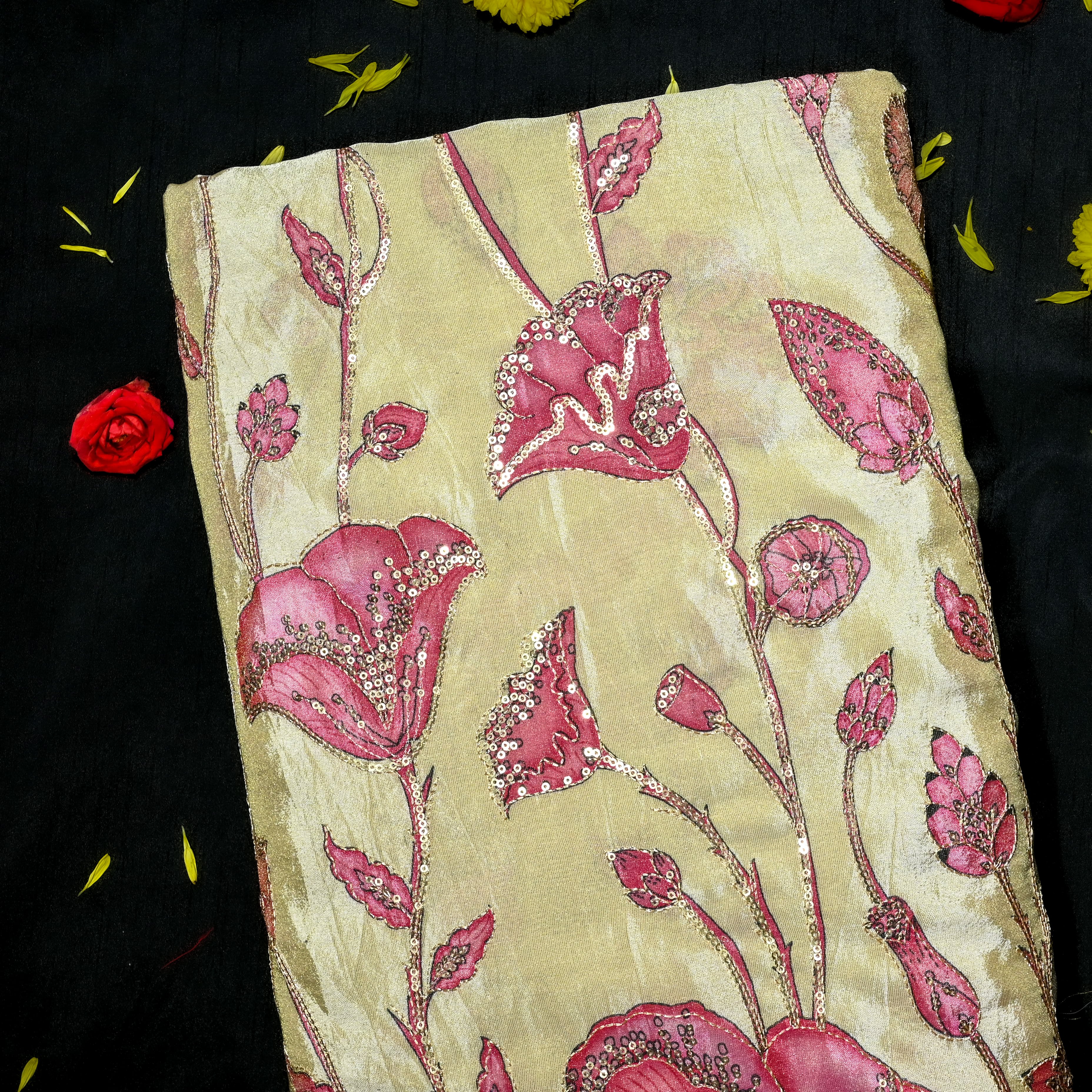 Vanilla Gold Tissue Fabric With Printed Embroidery