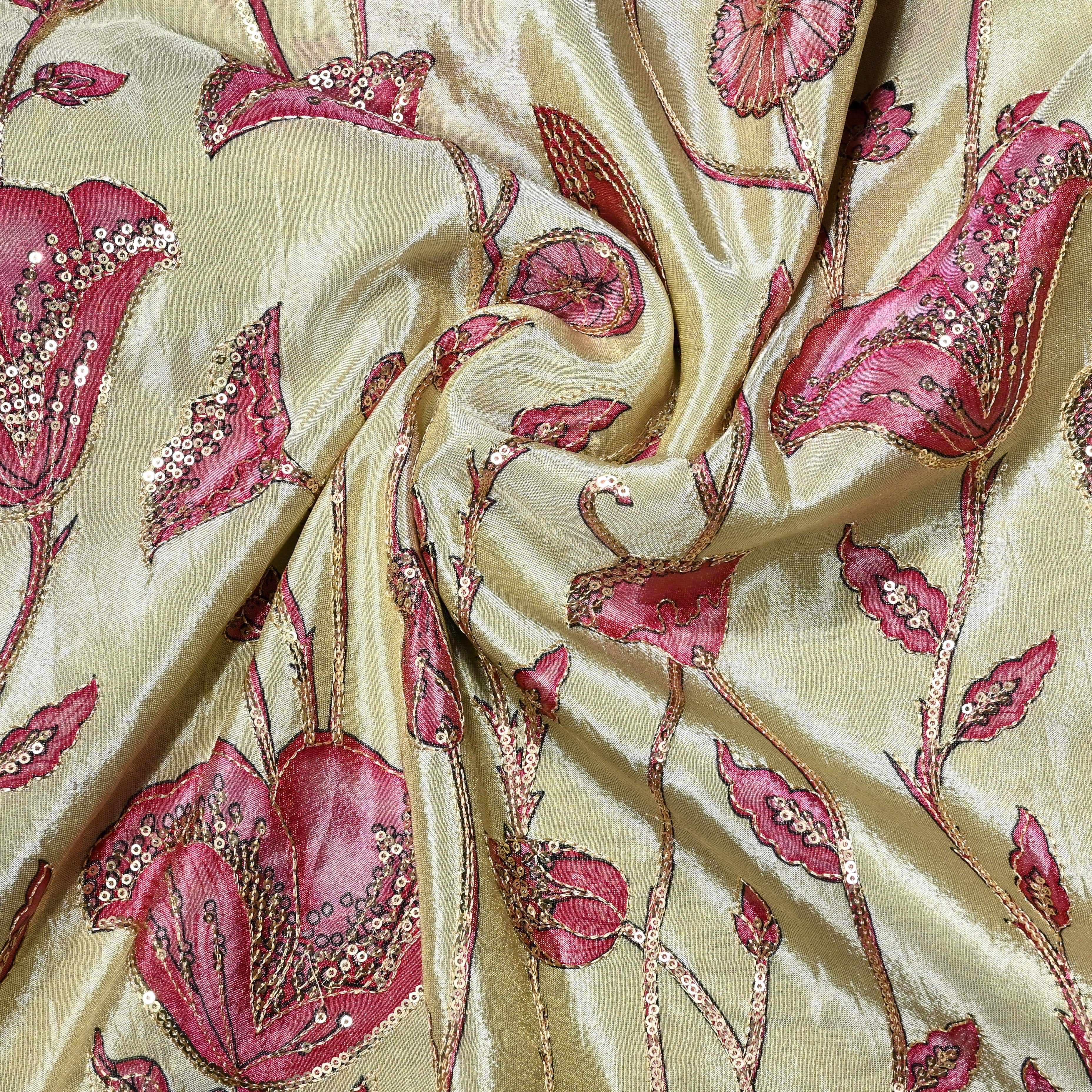 Vanilla Gold Tissue Fabric With Printed Embroidery