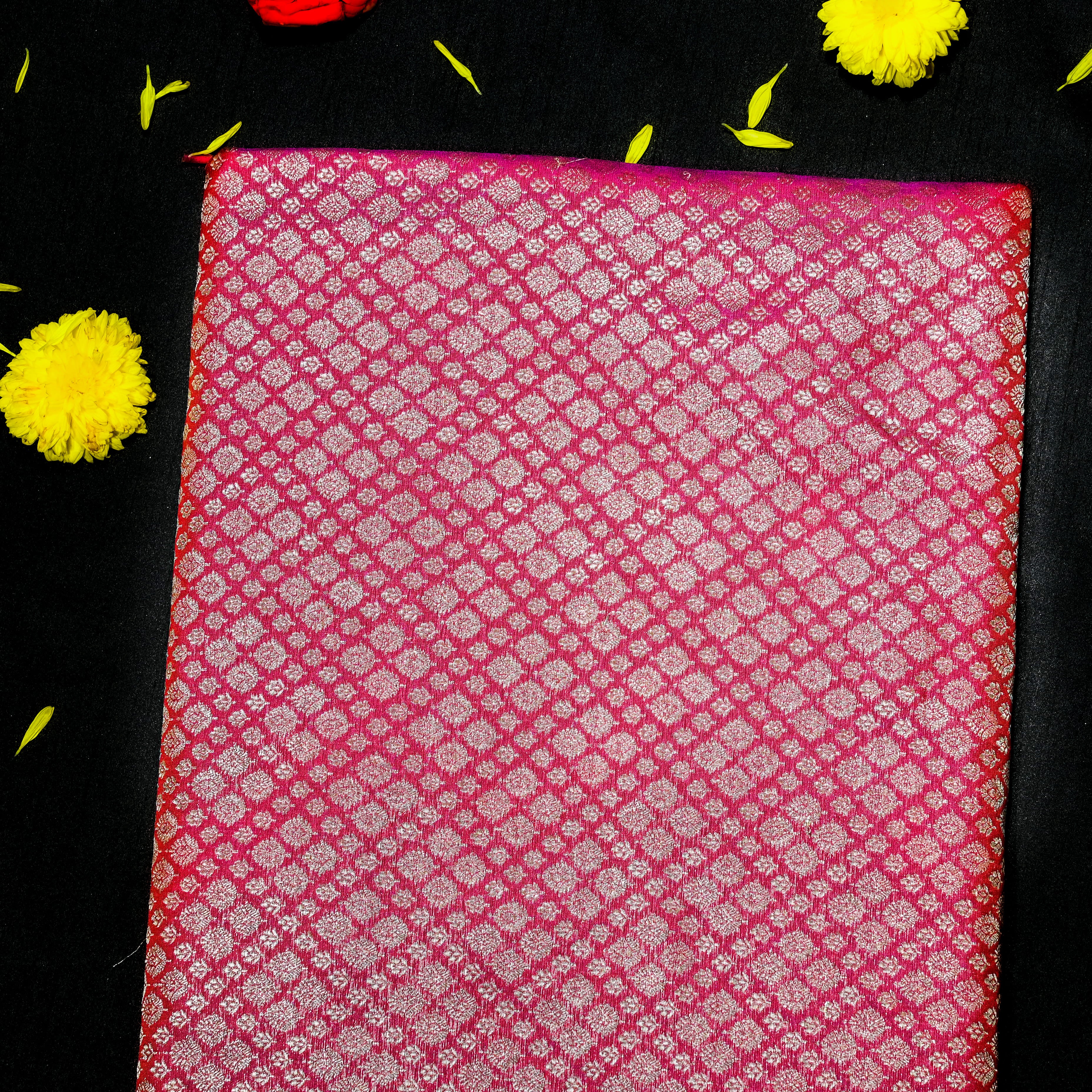 Deep Pink Jamawar Silk Fabric With Gold Zari Work