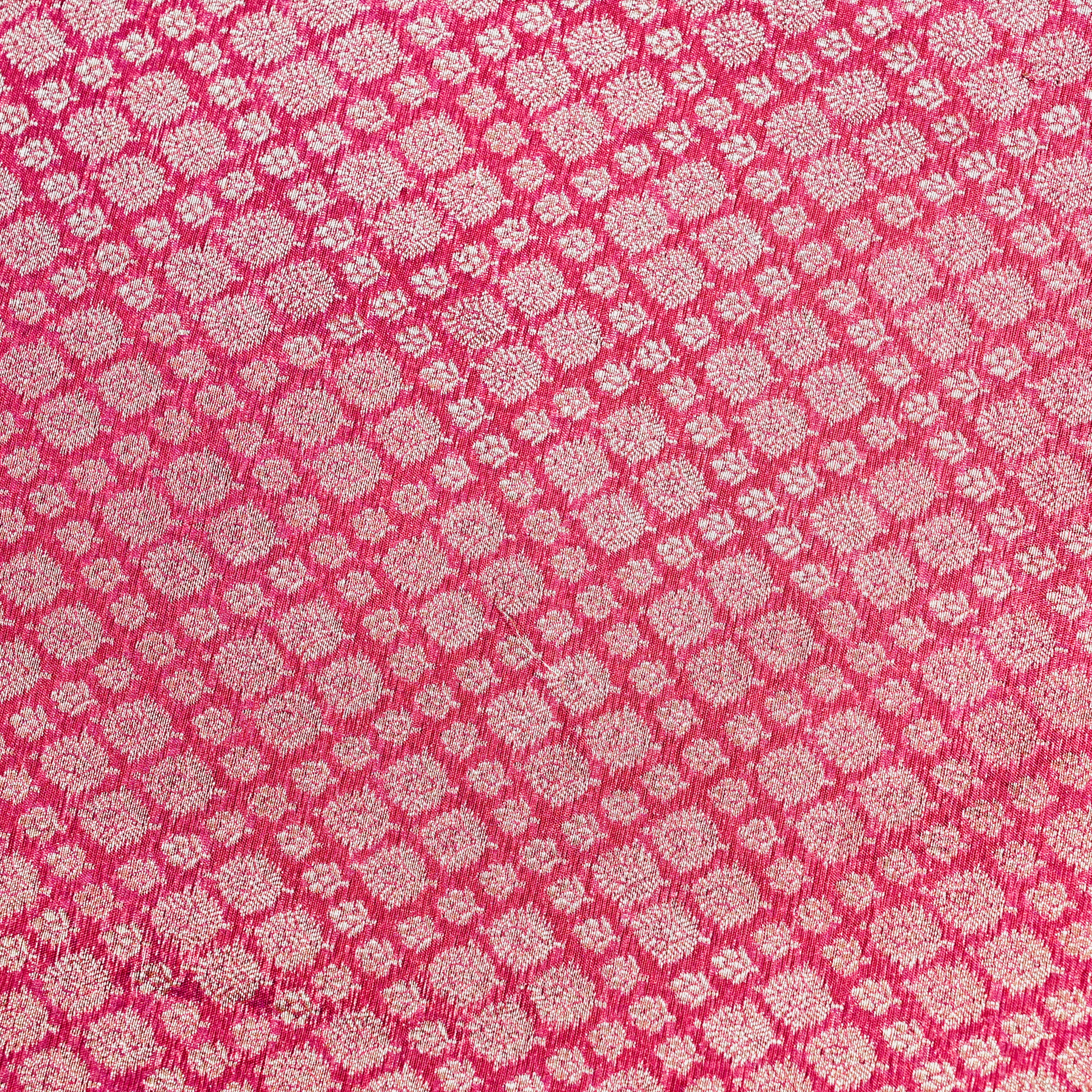 Deep Pink Jamawar Silk Fabric With Gold Zari Work