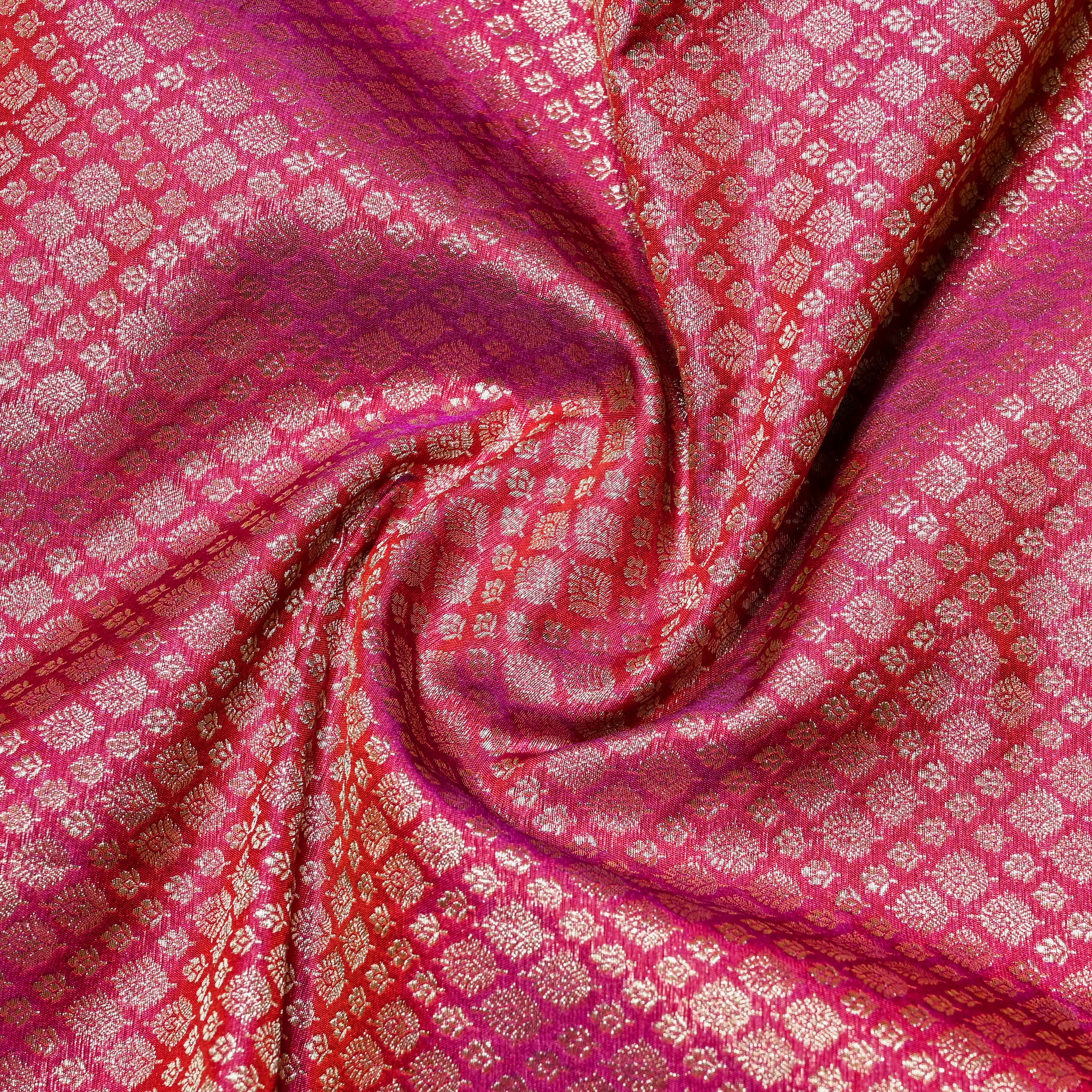 Deep Pink Jamawar Silk Fabric With Gold Zari Work