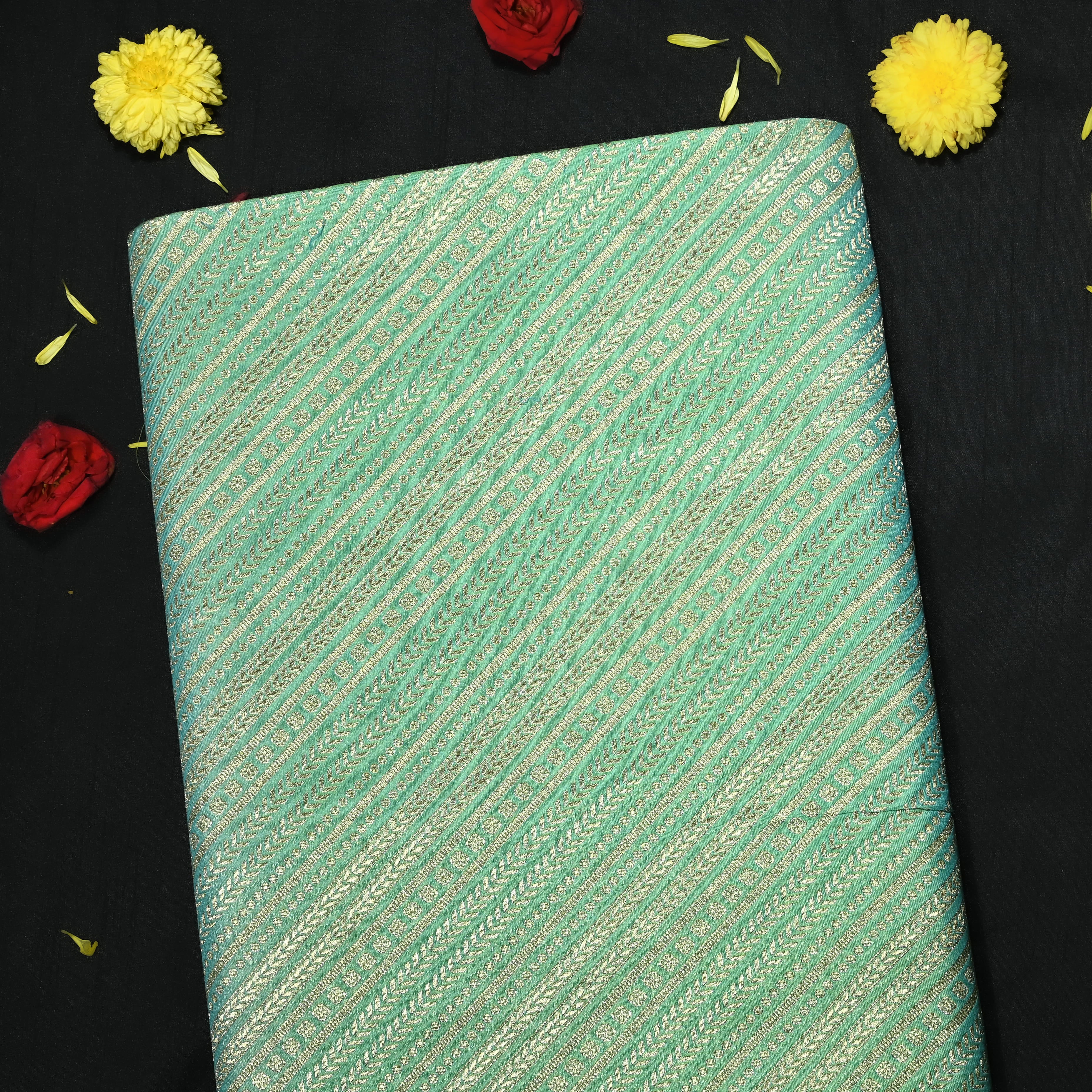 Pista Green Jamawar Silk Fabric Diagonal Stripes