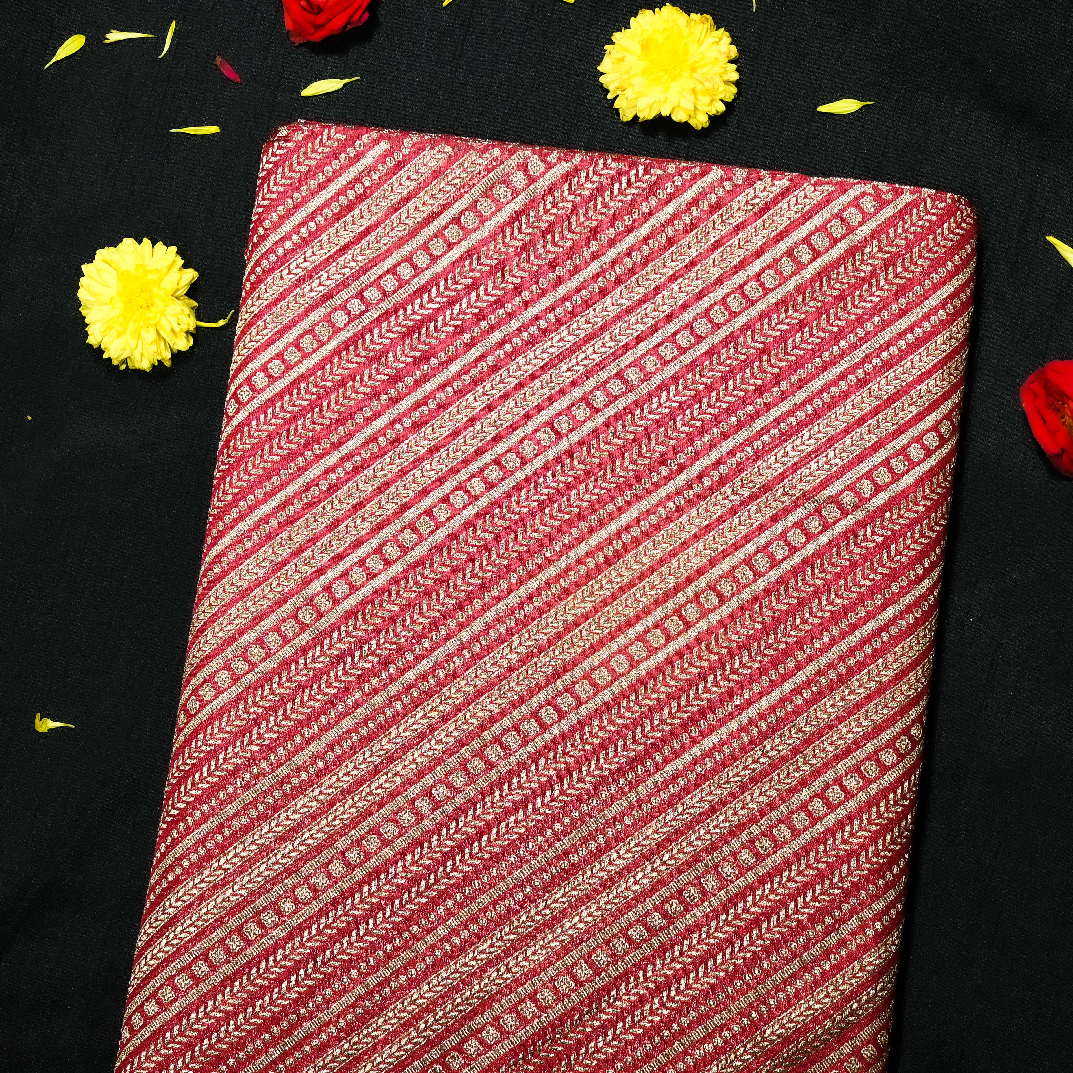 Maroon Jamawar Silk Fabric With Diagonal Strips