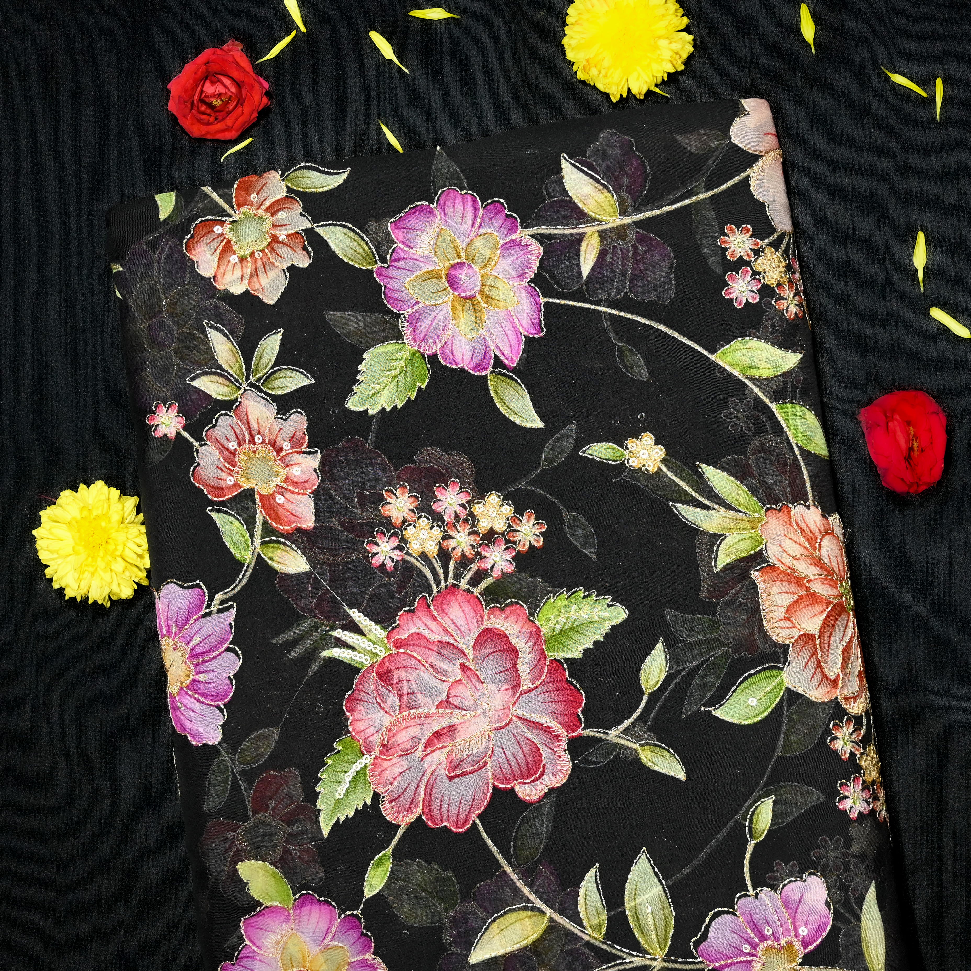Black Organza Fabric With Printed Embroidery