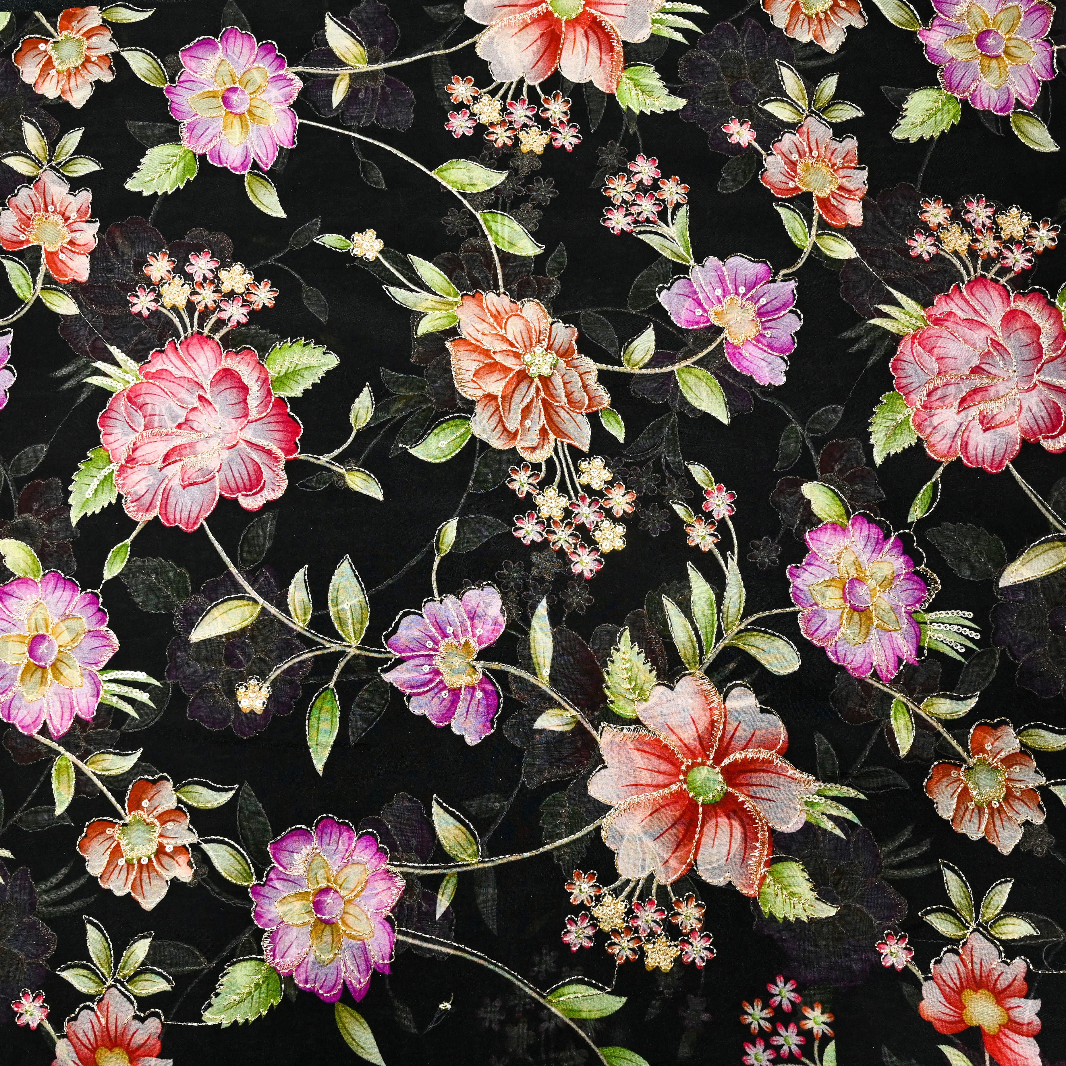 Black Organza Fabric With Printed Embroidery