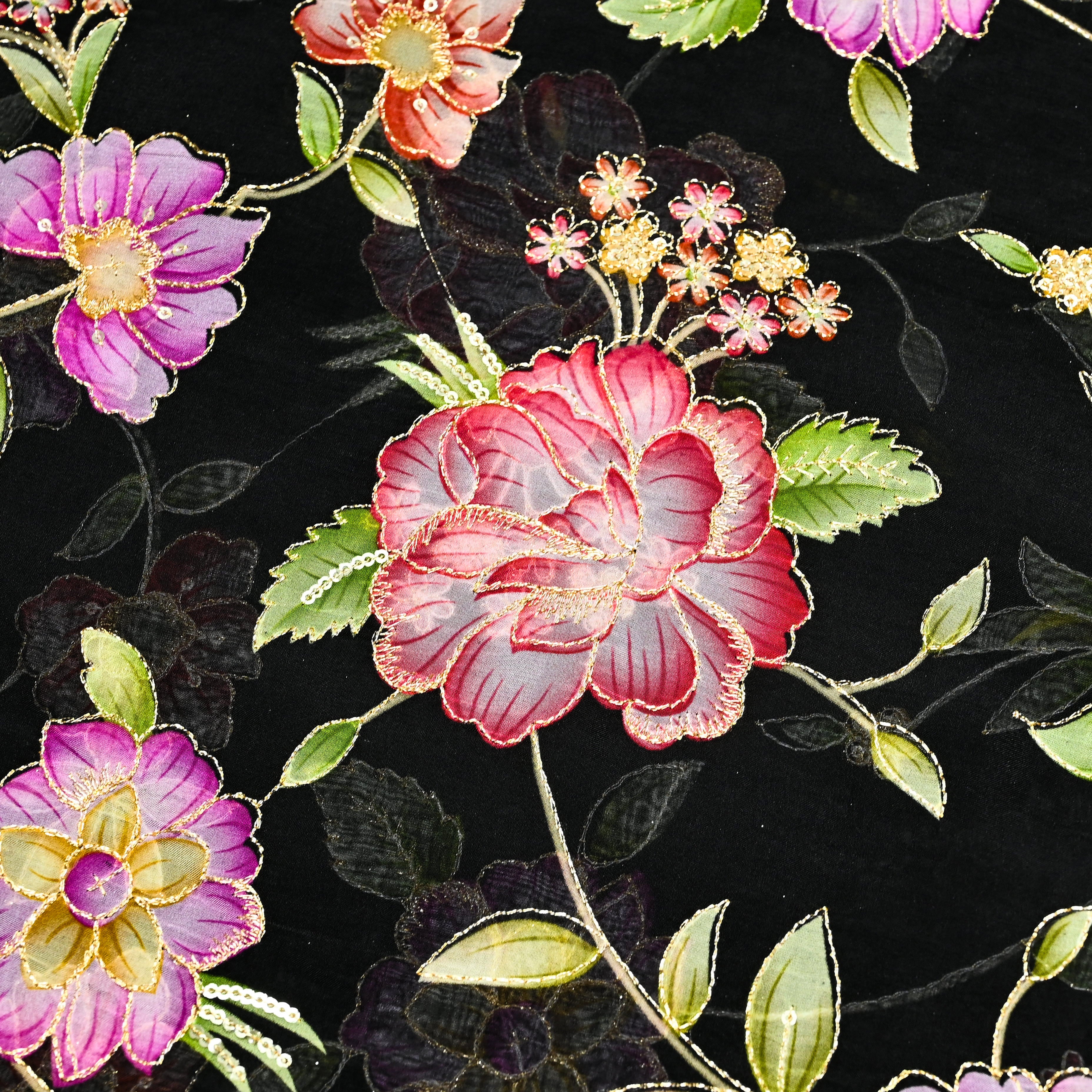 Black Organza Fabric With Printed Embroidery