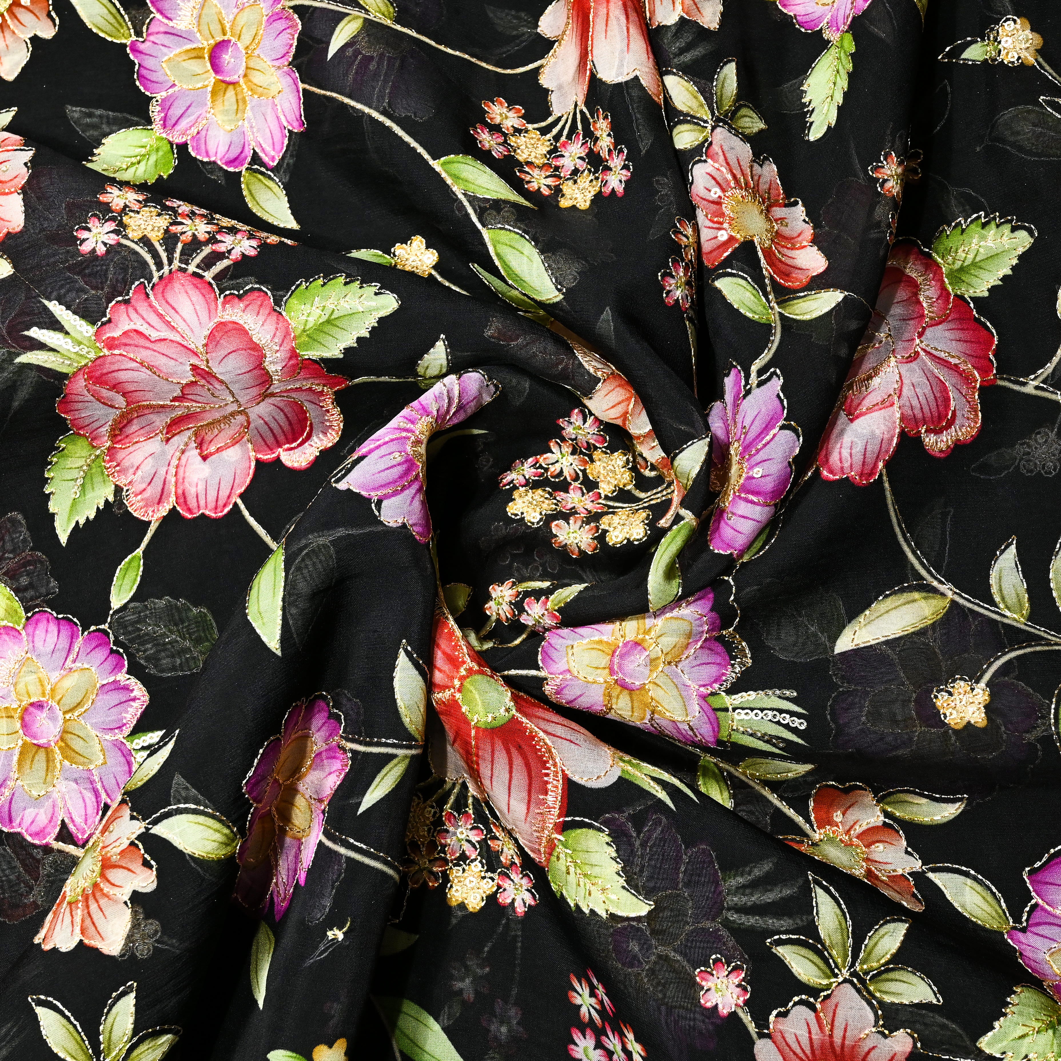 Black Organza Fabric With Printed Embroidery