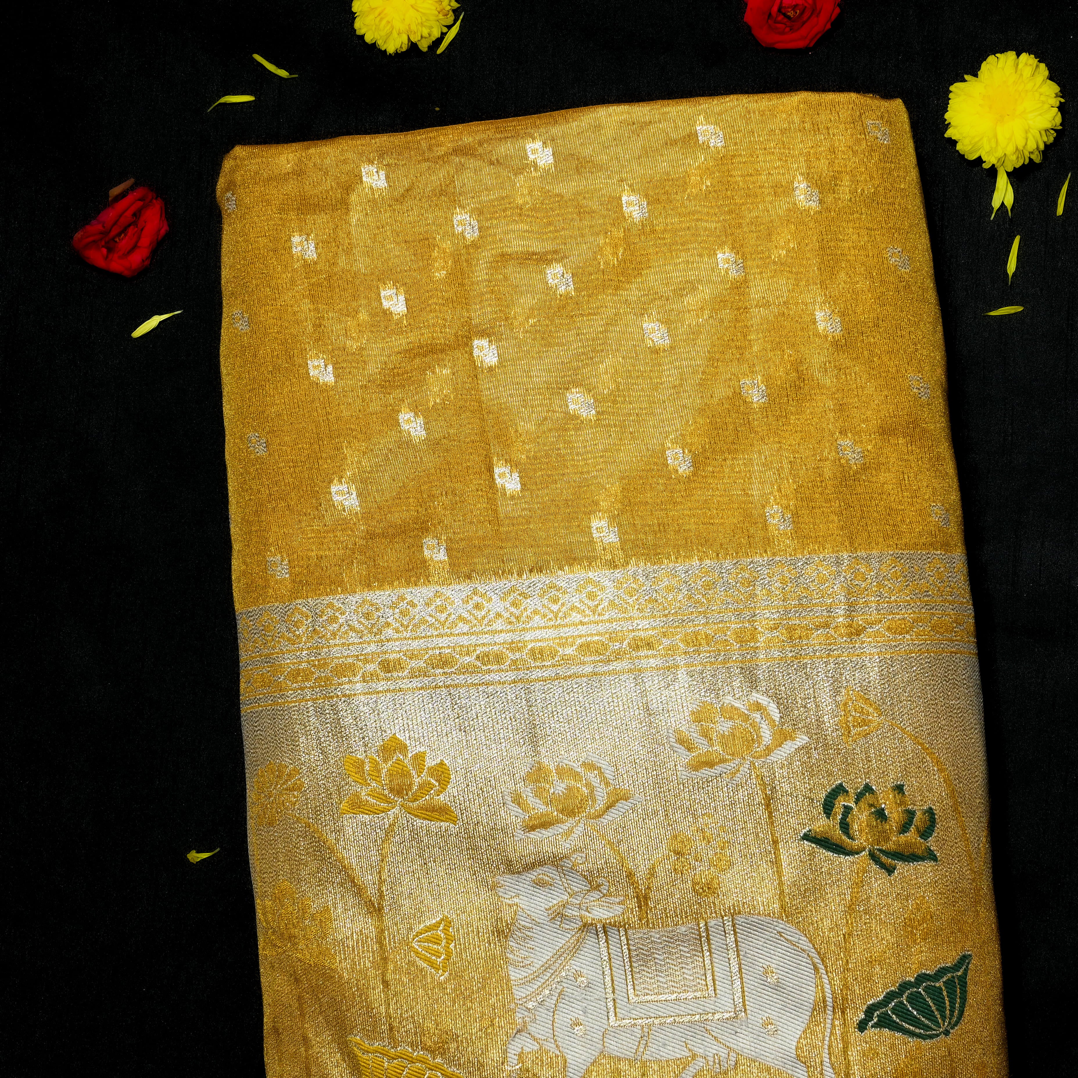 Gold Dola Silk Fabric With Pichwai Border