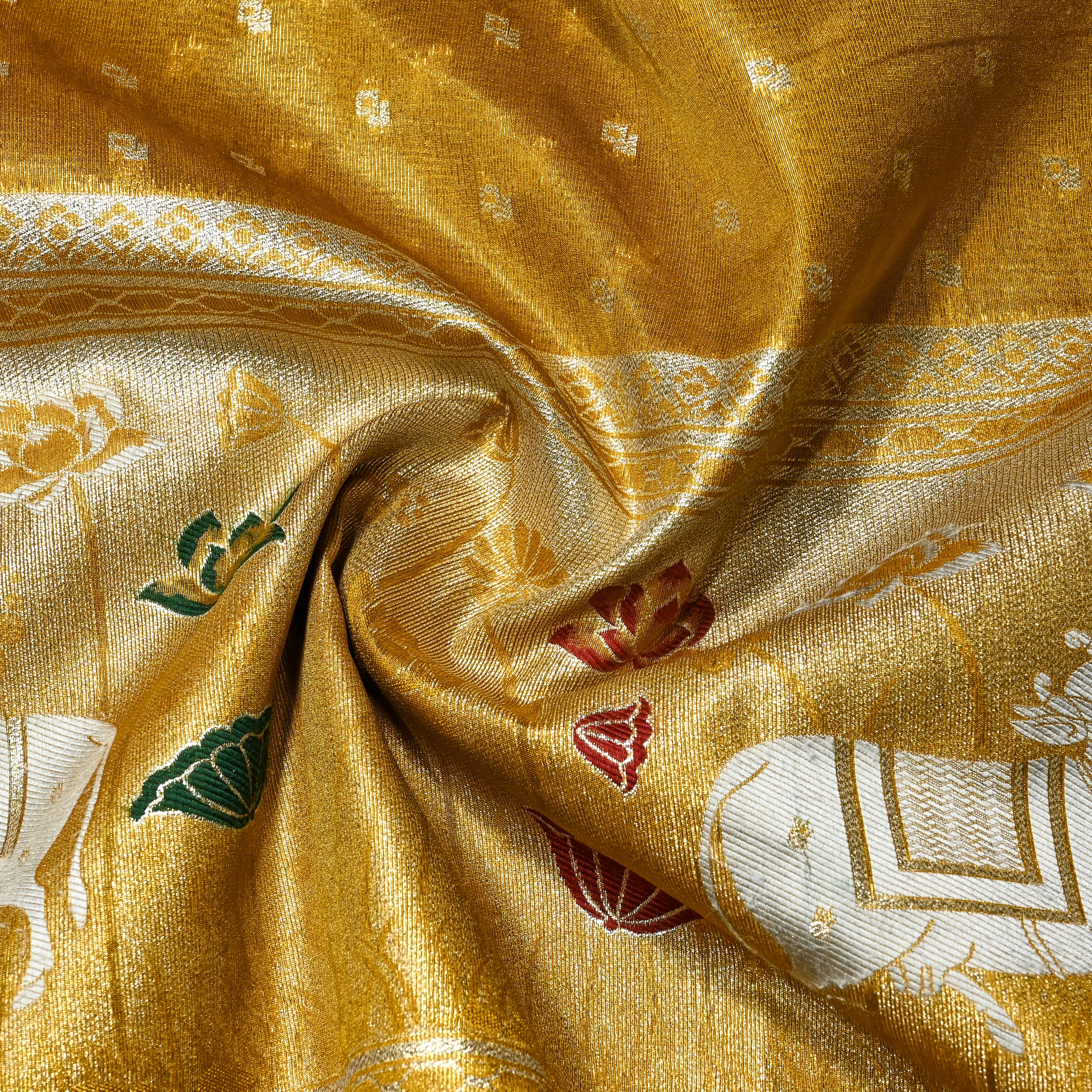 Gold Dola Silk Fabric With Pichwai Border