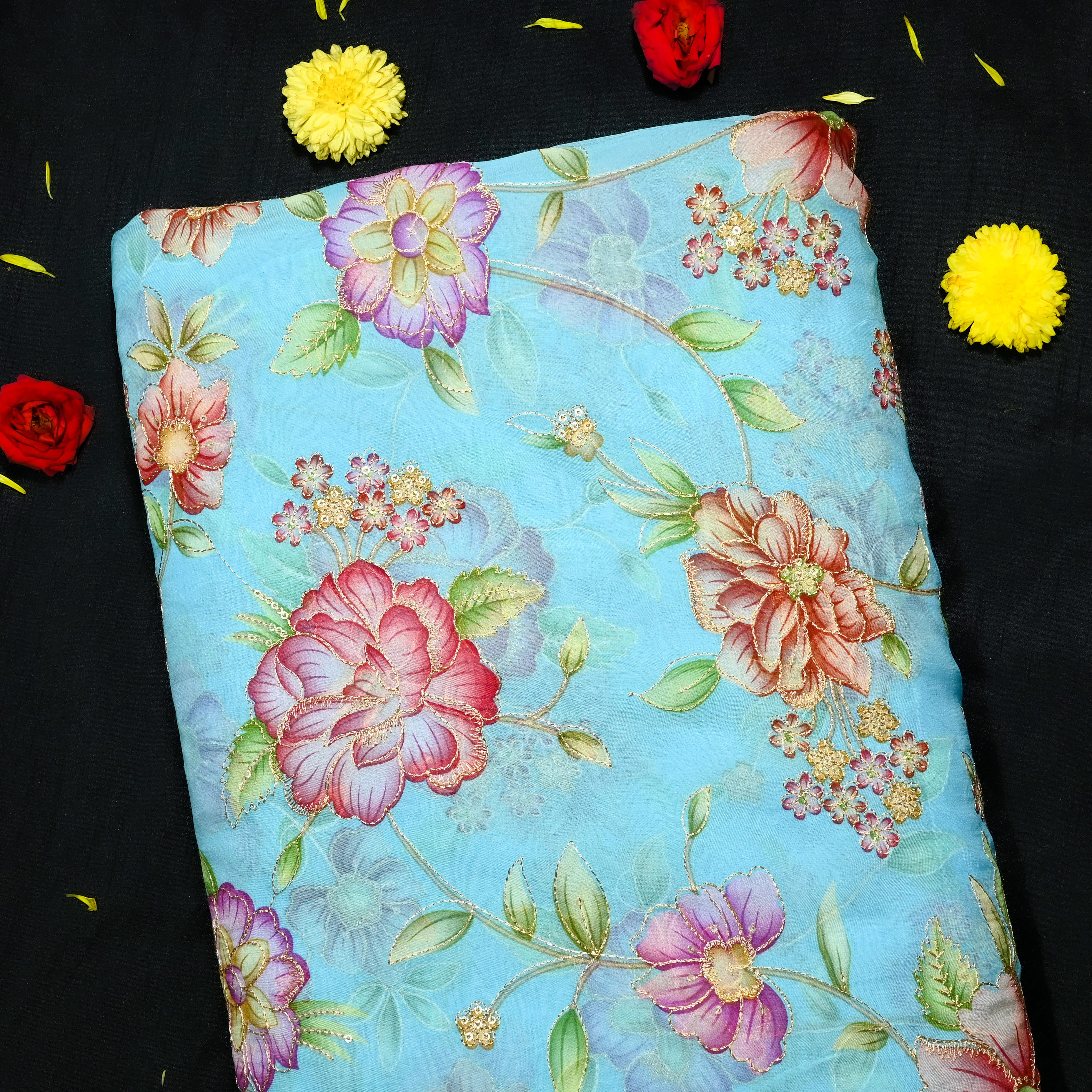 Sky Blue Organza Fabric With Printed Embroidery