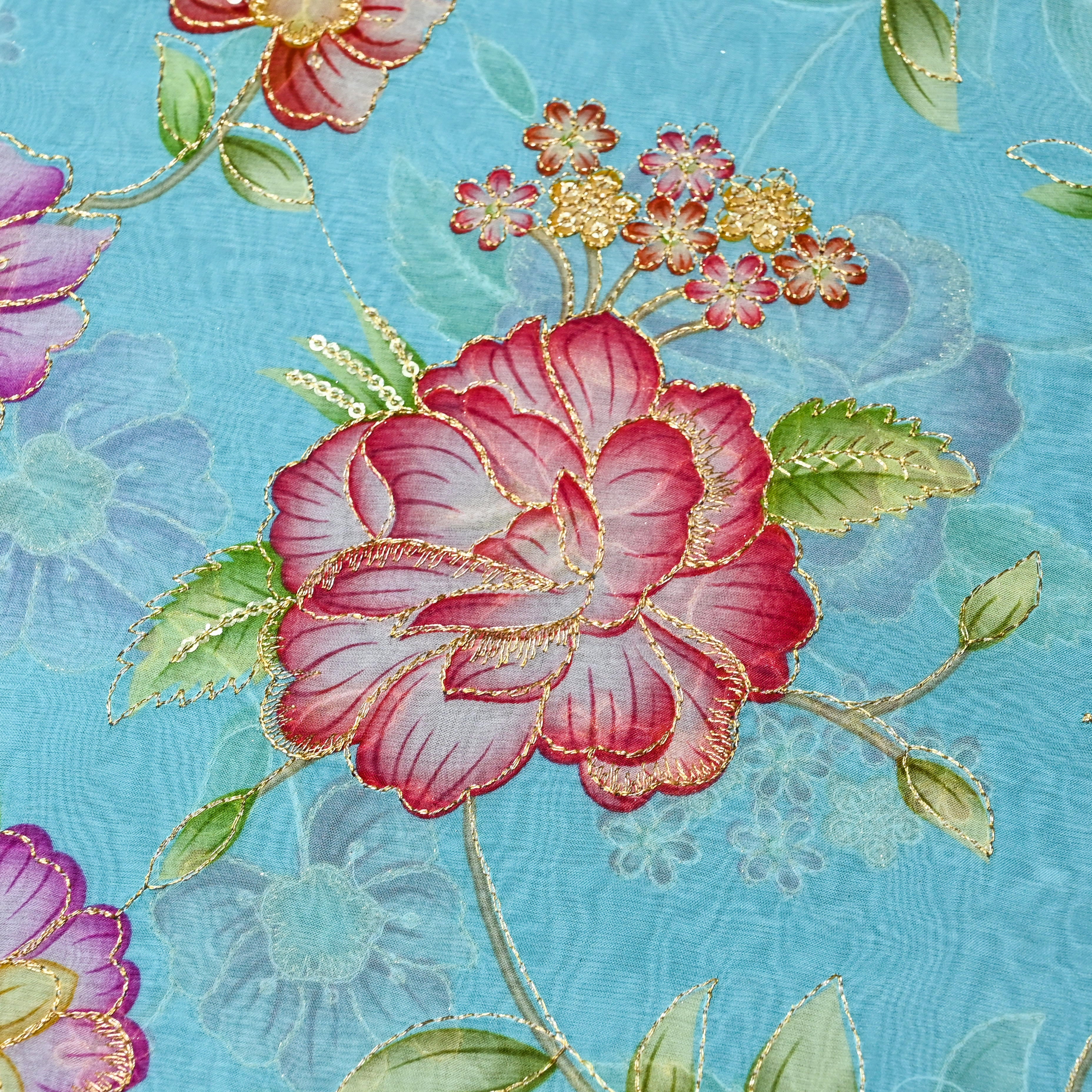 Sky Blue Organza Fabric With Printed Embroidery