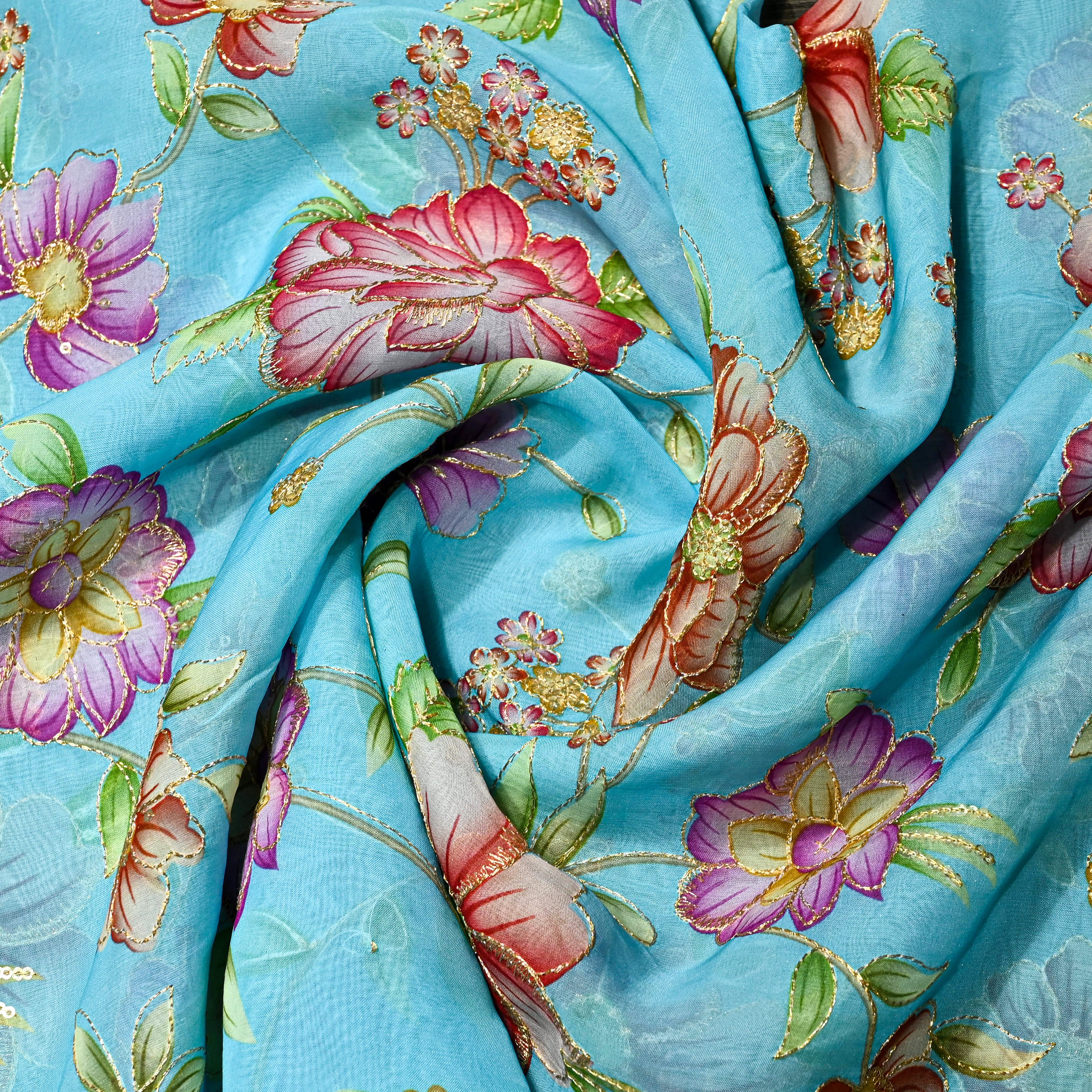 Sky Blue Organza Fabric With Printed Embroidery