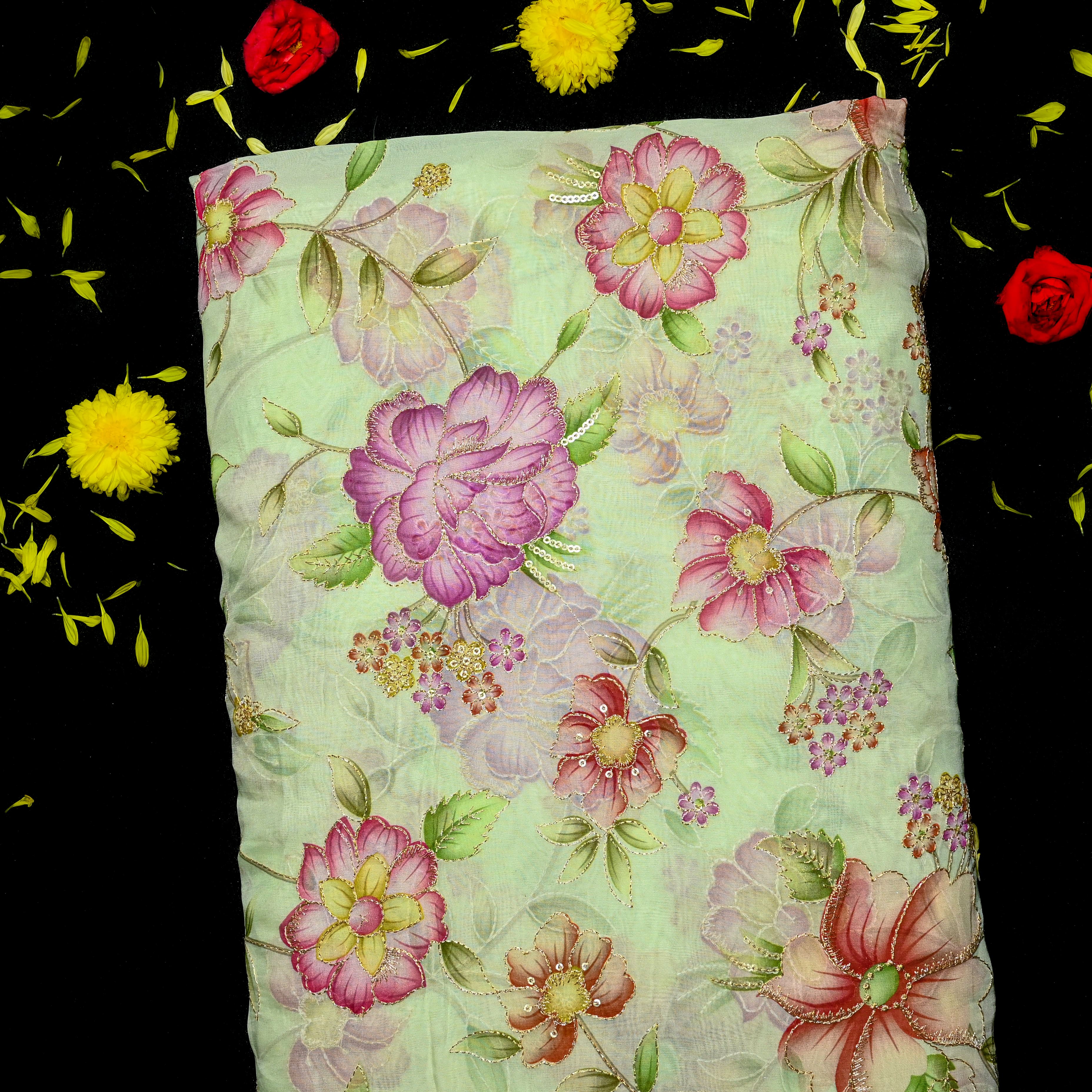 Tea Green Organza Fabric With Printed Embroidery