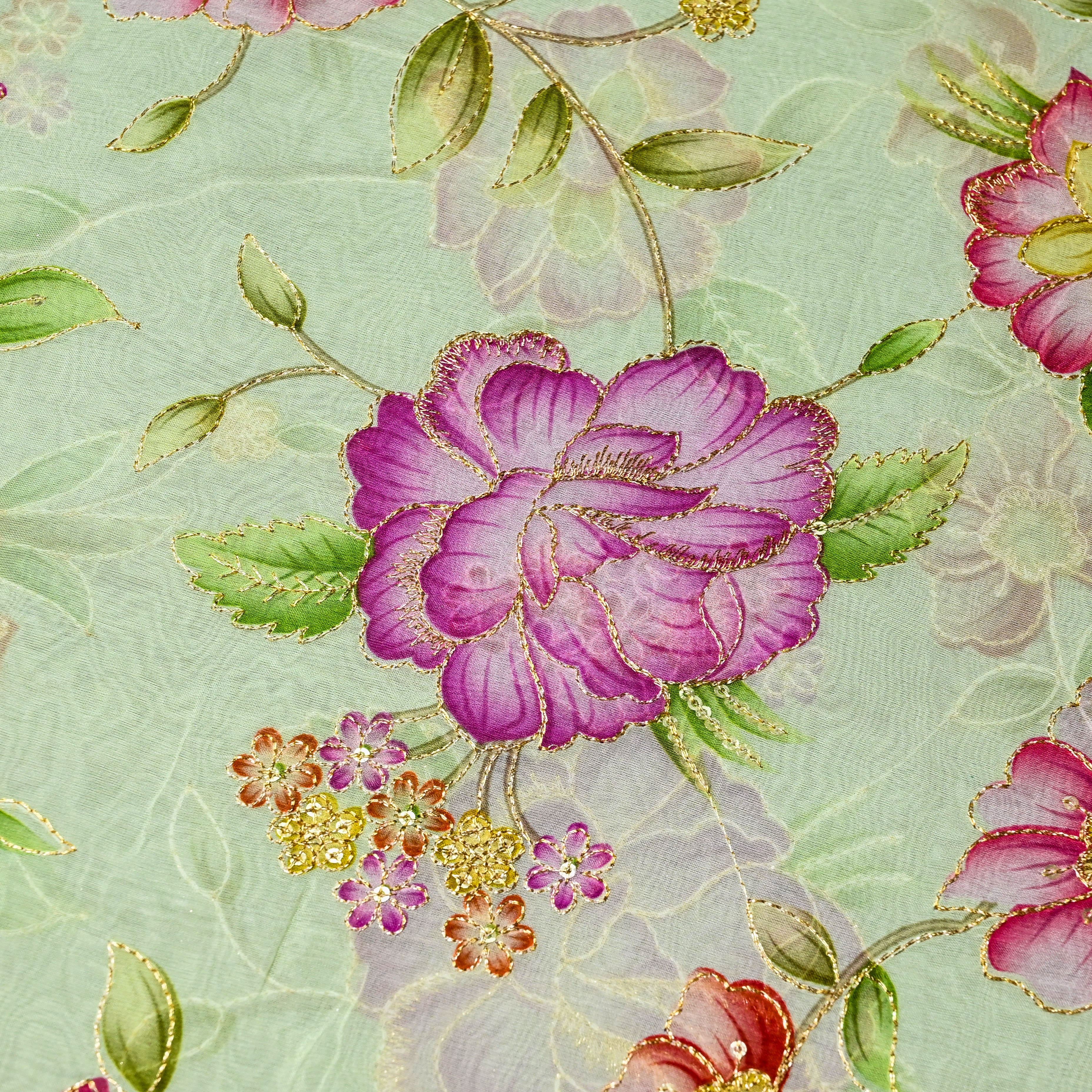 Tea Green Organza Fabric With Printed Embroidery