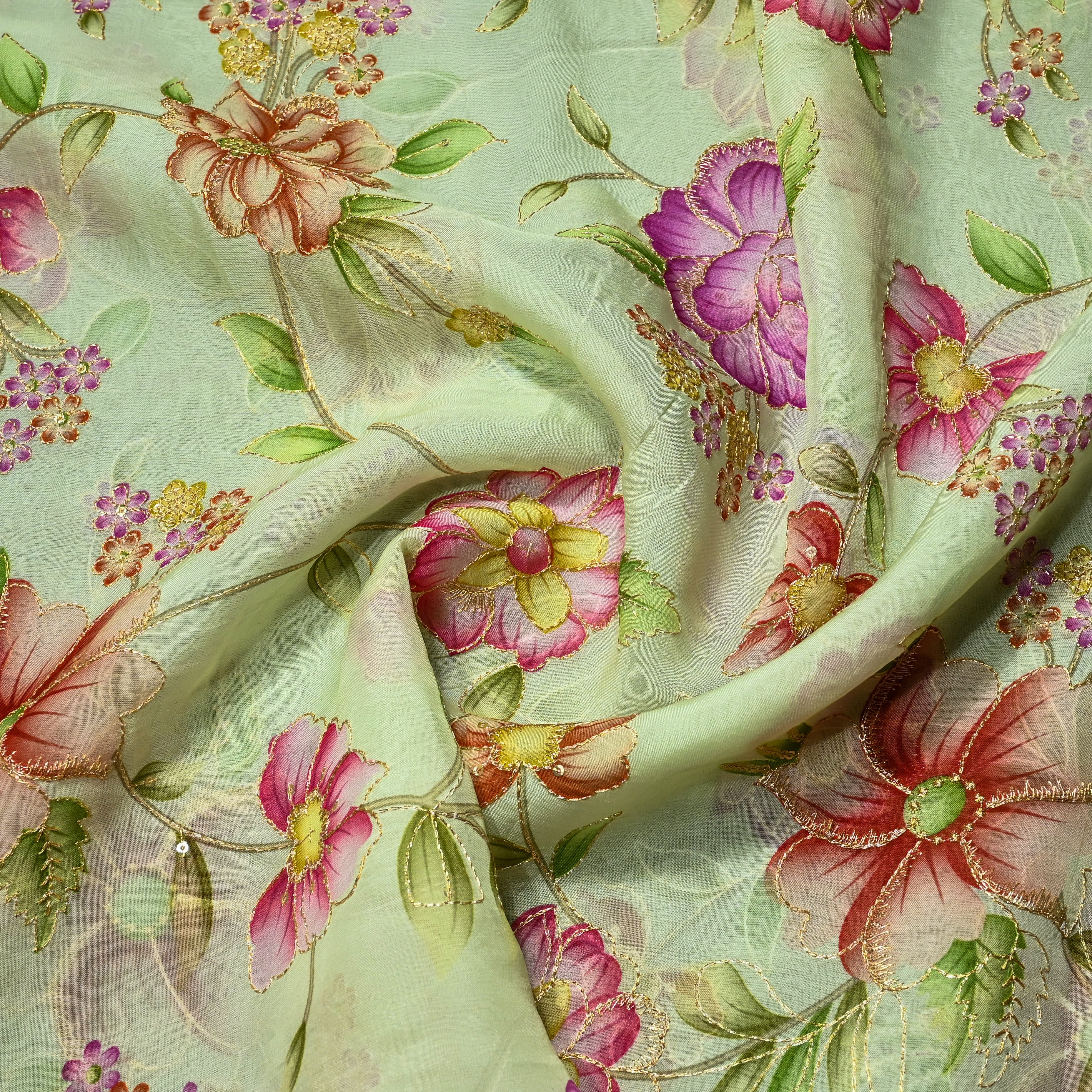 Tea Green Organza Fabric With Printed Embroidery