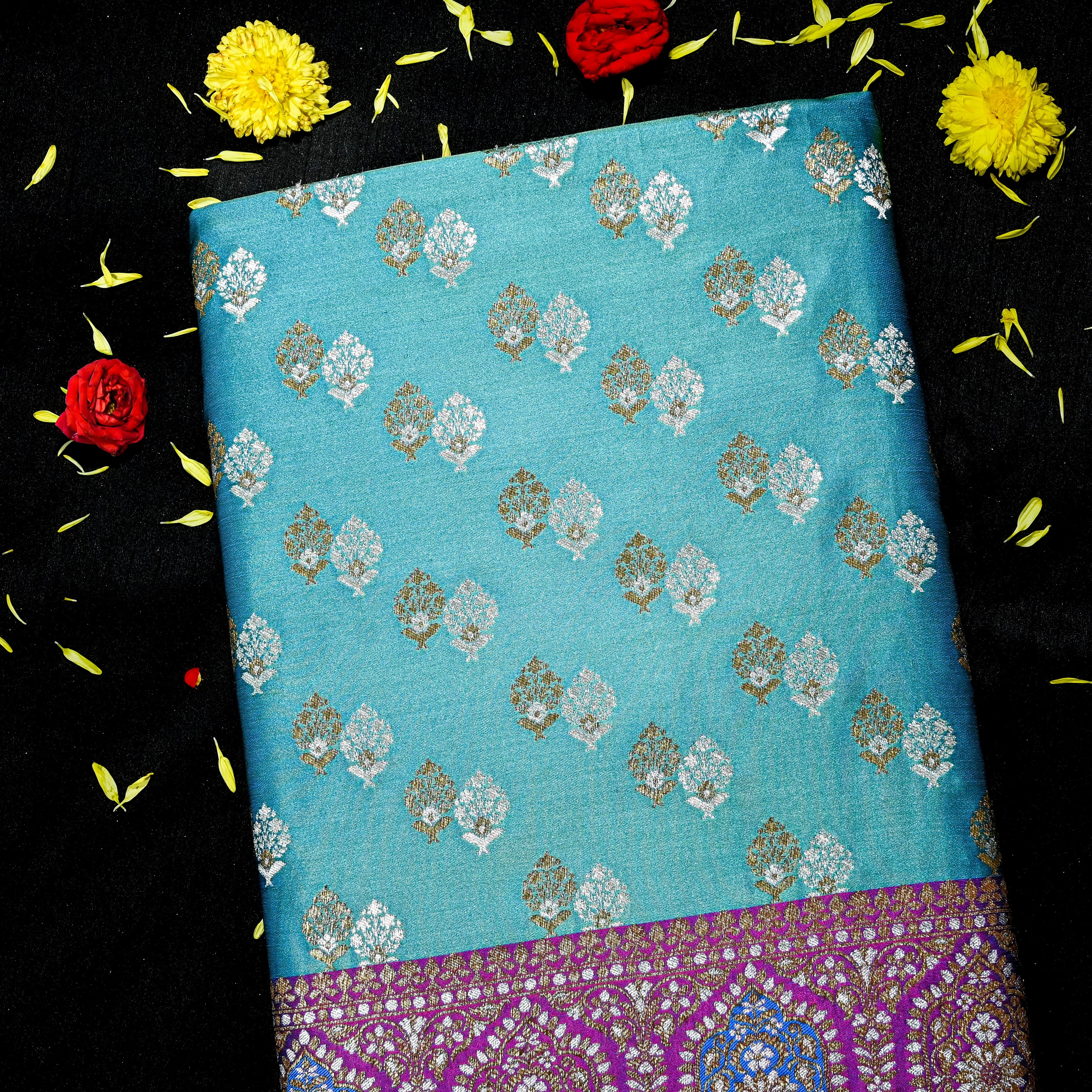 Light Blue Banaras Silk Fabric With Contrast Border